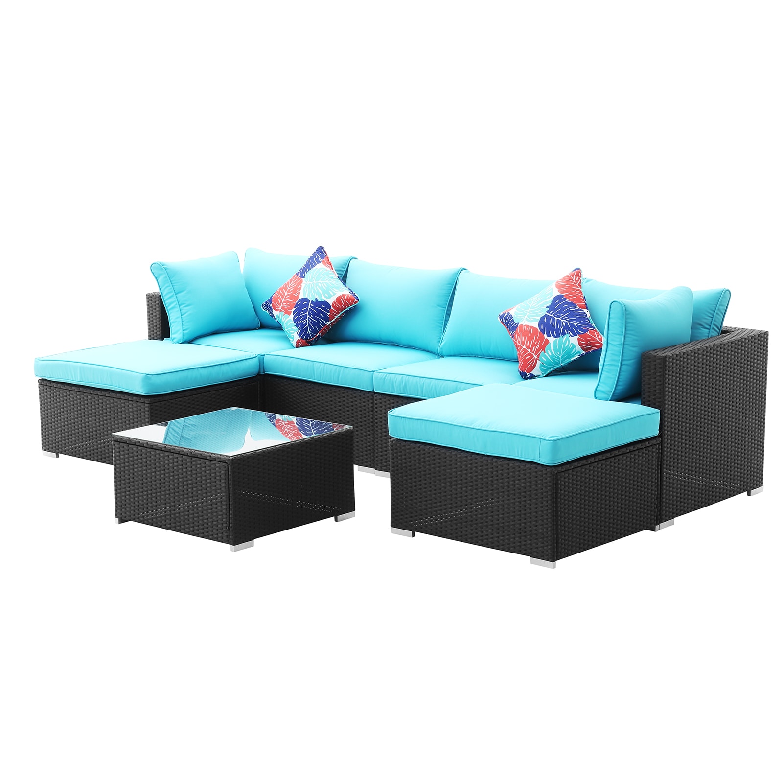 Flynama YH-V-CT-7-BL 7-Piece Rattan Wicker Steel Patio Furniture Set Outdoor Sectional Conversation Set with Soft Gray Cushions in Blue