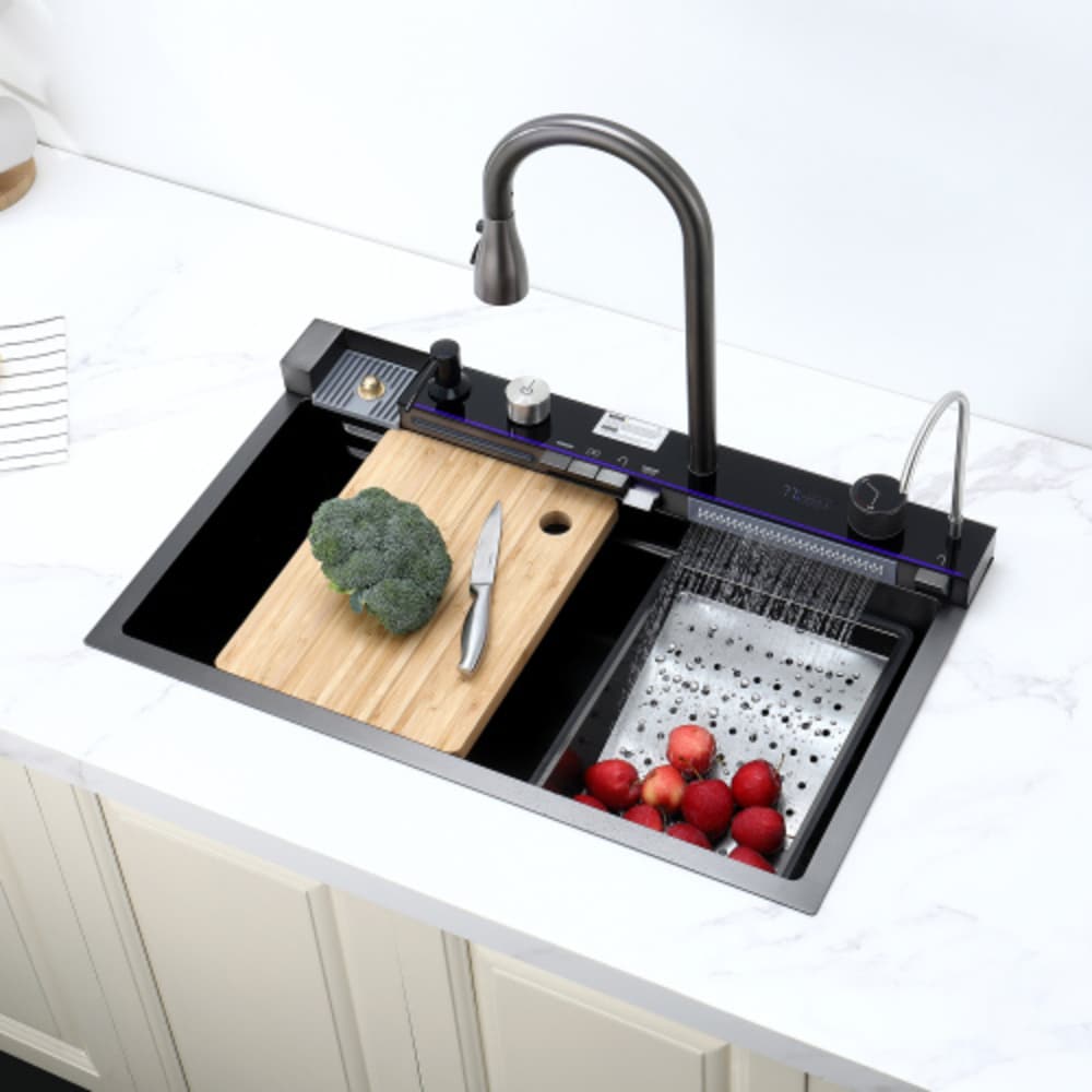 HyperDrop Cart 304 Stainless Steel Single Bowl Kitchen Vegetable Washing Sink Equipped with Whale Waterfall Pull-Out Faucet Multi-Purpose Household Dish and Veggie Cleaning Basin