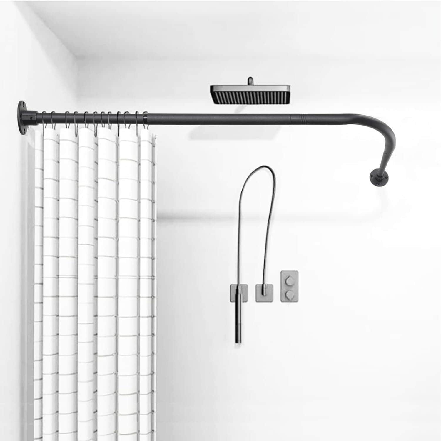 Angel Sar - L-Shaped Shower Curtain Rod with 2 Robust Metal Bases for Bathroom Bathtub