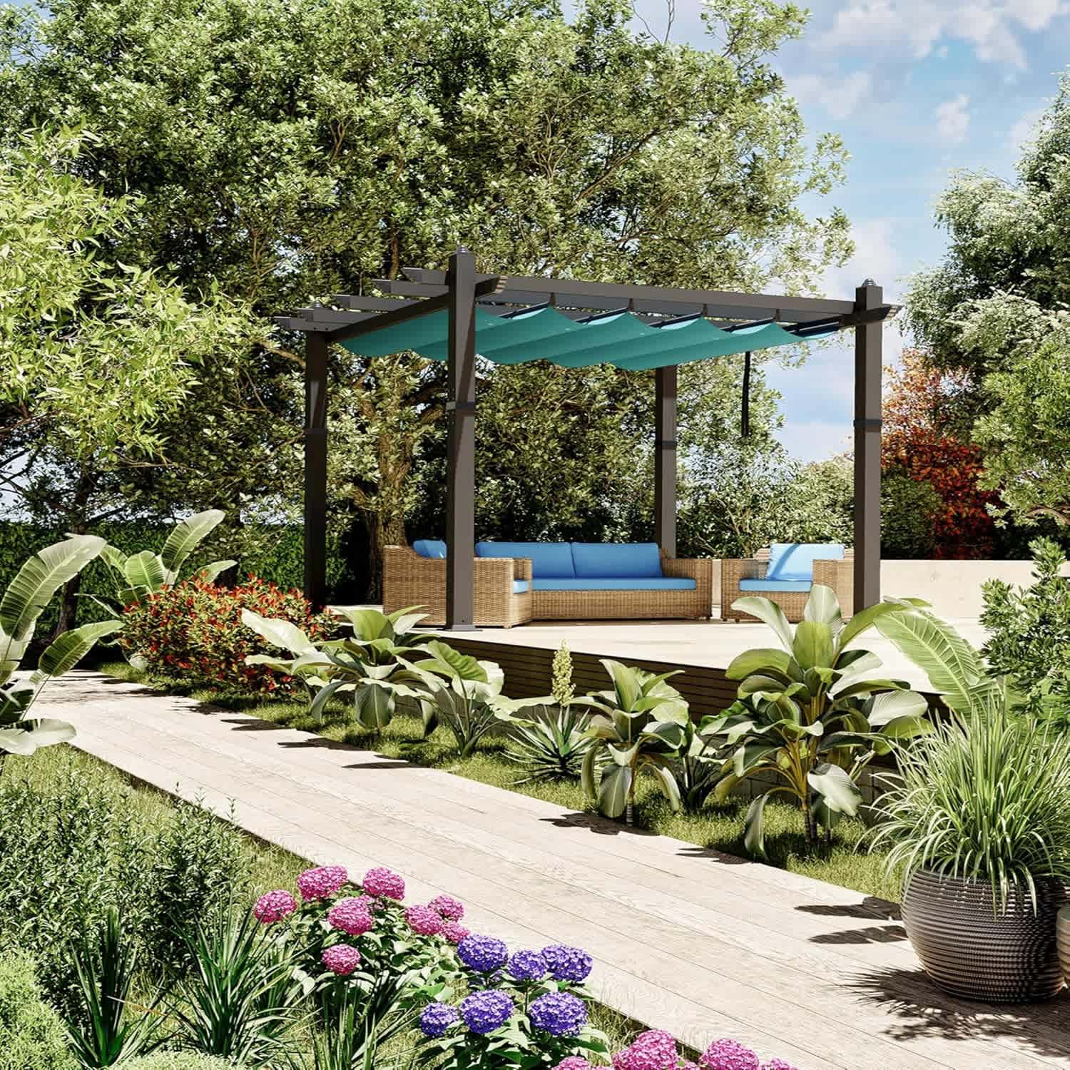 Qeetex LSHQQPHO-335ELUX9 10x10 ft Outdoor Gazebo with Retractable Awning UV Resistant Metal Gazebo Blue