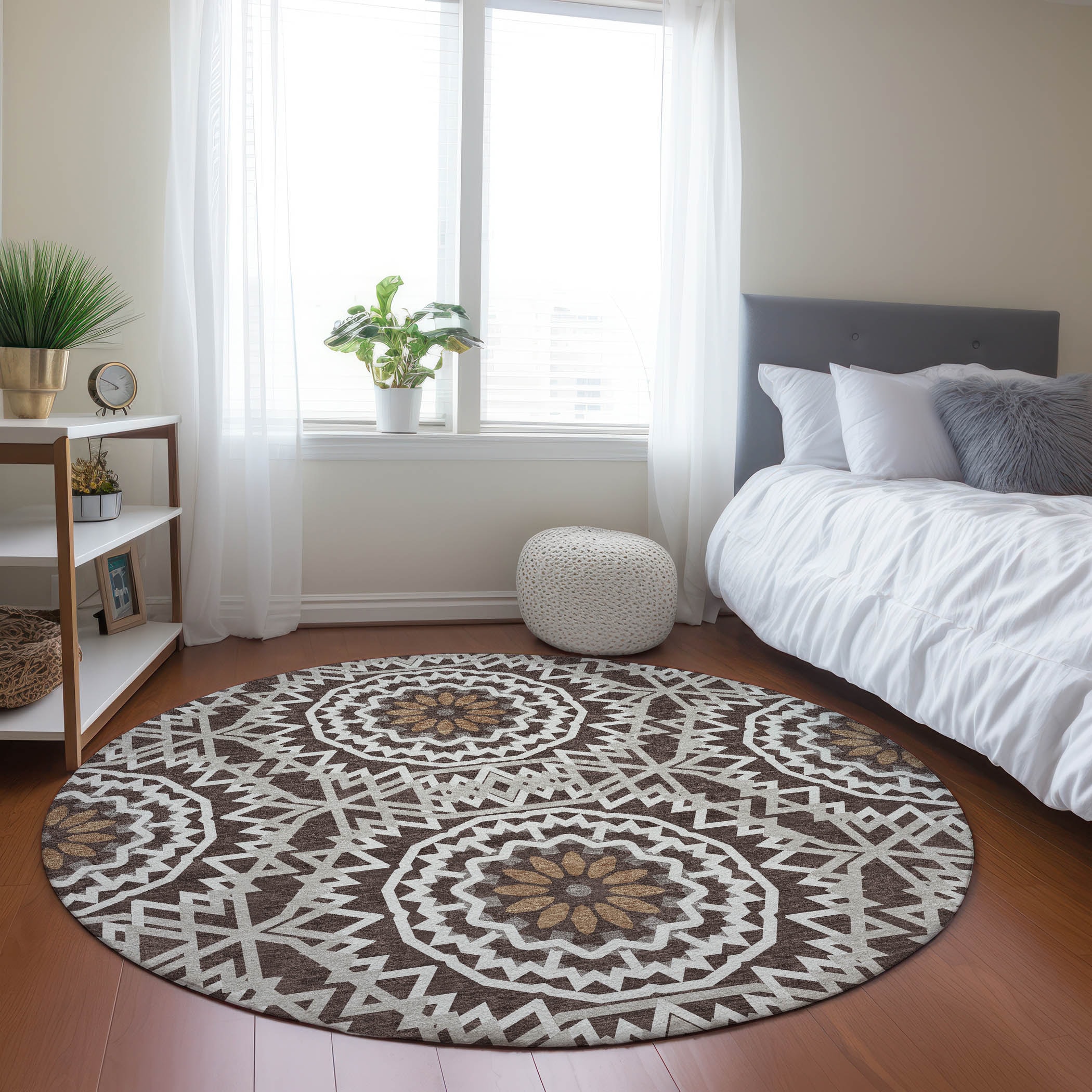 Addison Rugs ACN619CH8RO Chantille ACN619CH 8 x 8 (ft) Polyester Chocolate Round Indoor/Outdoor Geometric Machine washable Area rug
