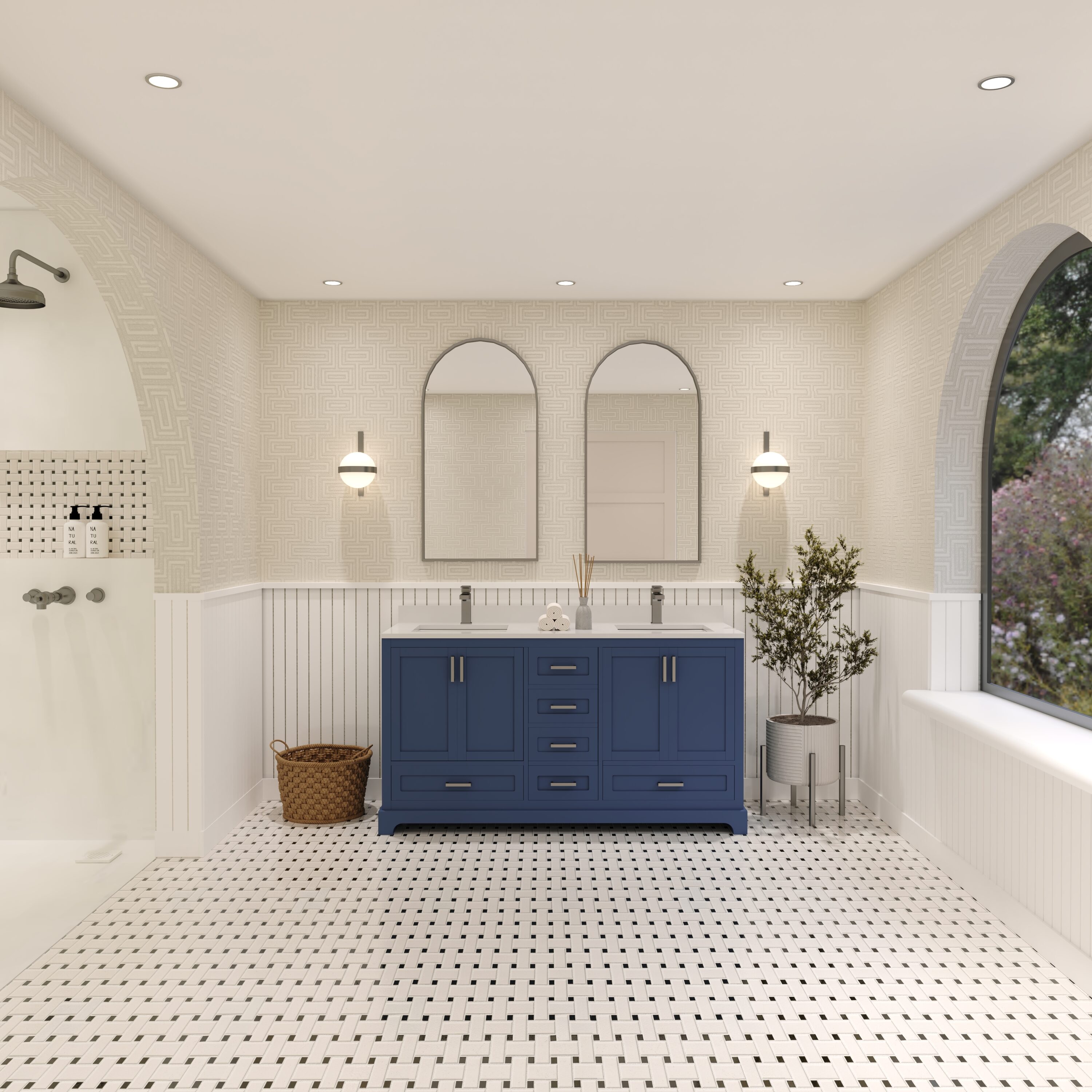 Ayna Decors AVM60NB3122 60-in Navy Blue Undermount Double Sink Bathroom Vanity with White Quartz Top (Mirror and Faucet Included)