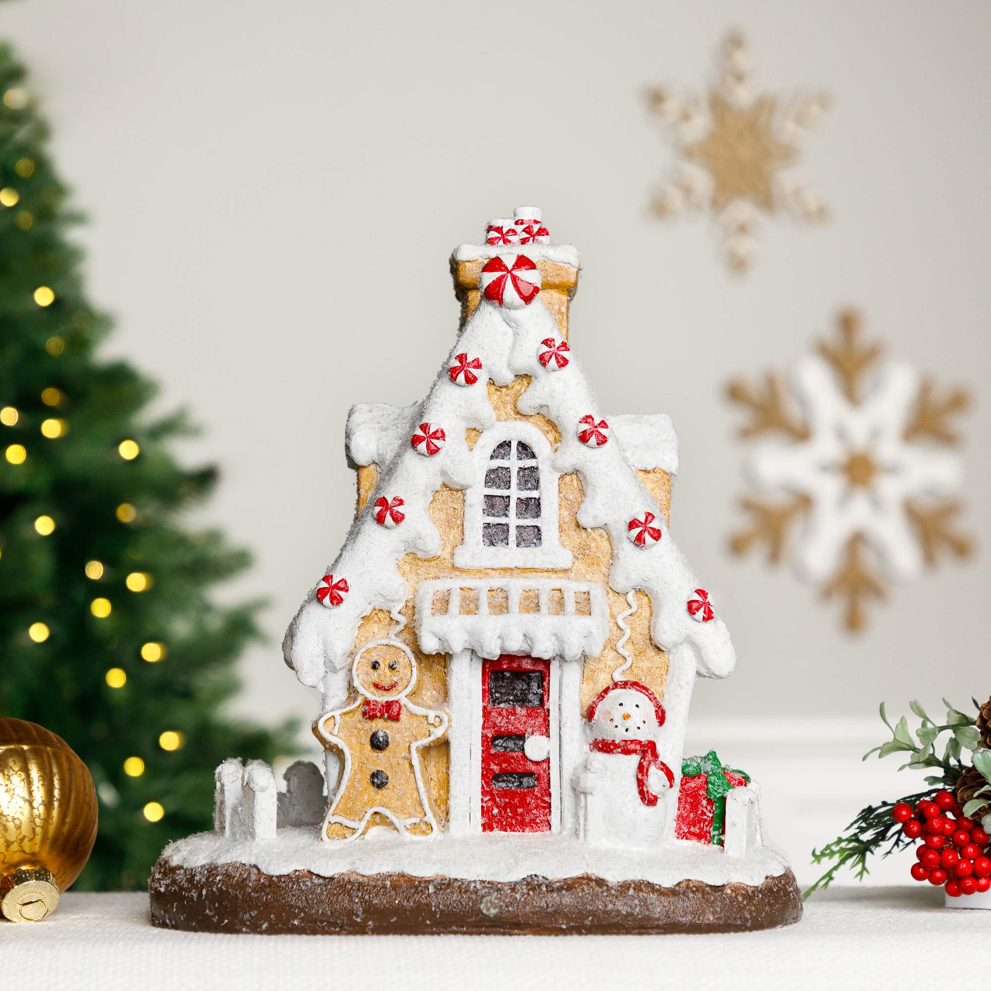 Northlight Snowy Gingerbread Peppermint House with Snowman Christmas Decoration - 11 inch