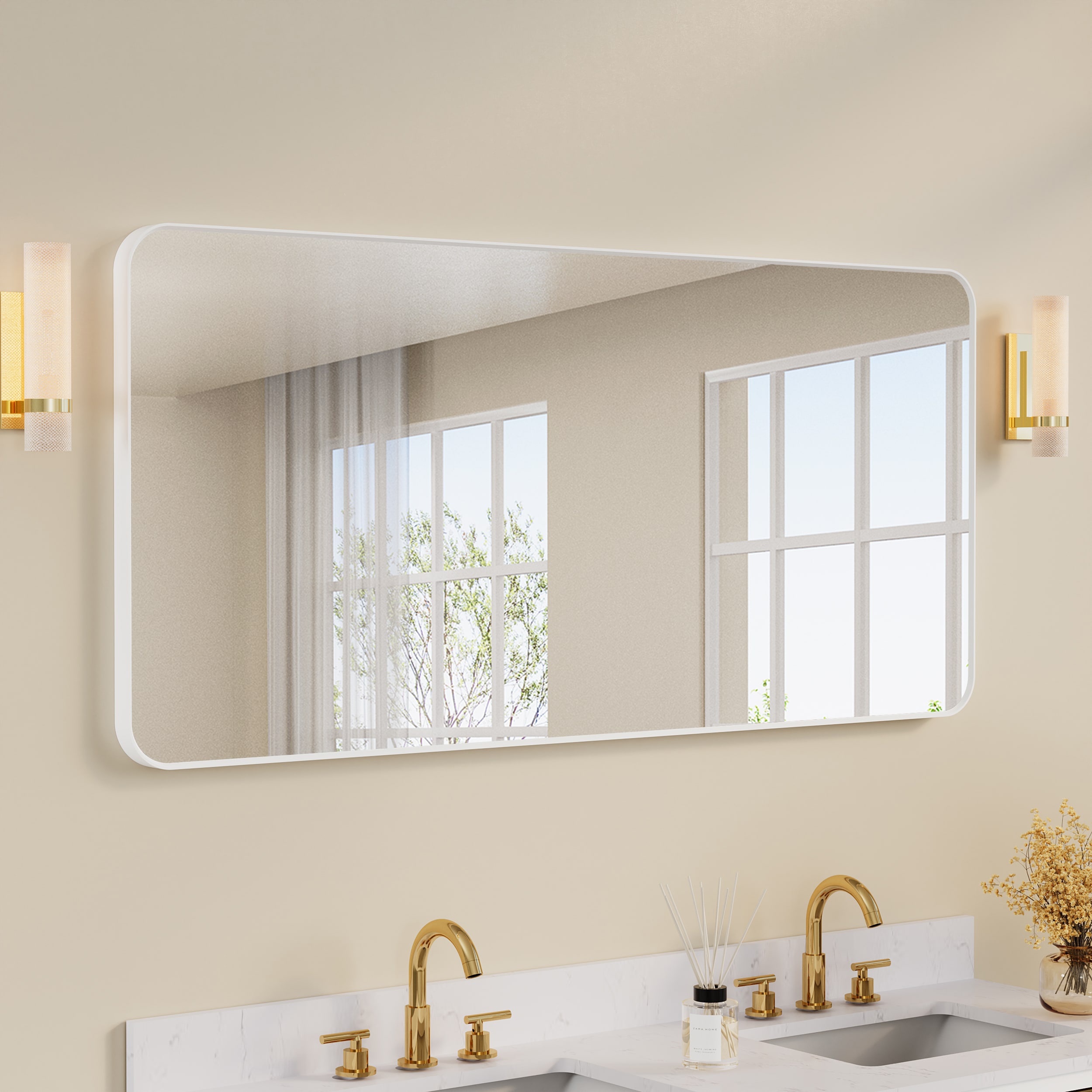 WELLFOR F1MR6028WT Bella 60-in x 28-in Framed Rectangle Bathroom Vanity Mirror ( White )