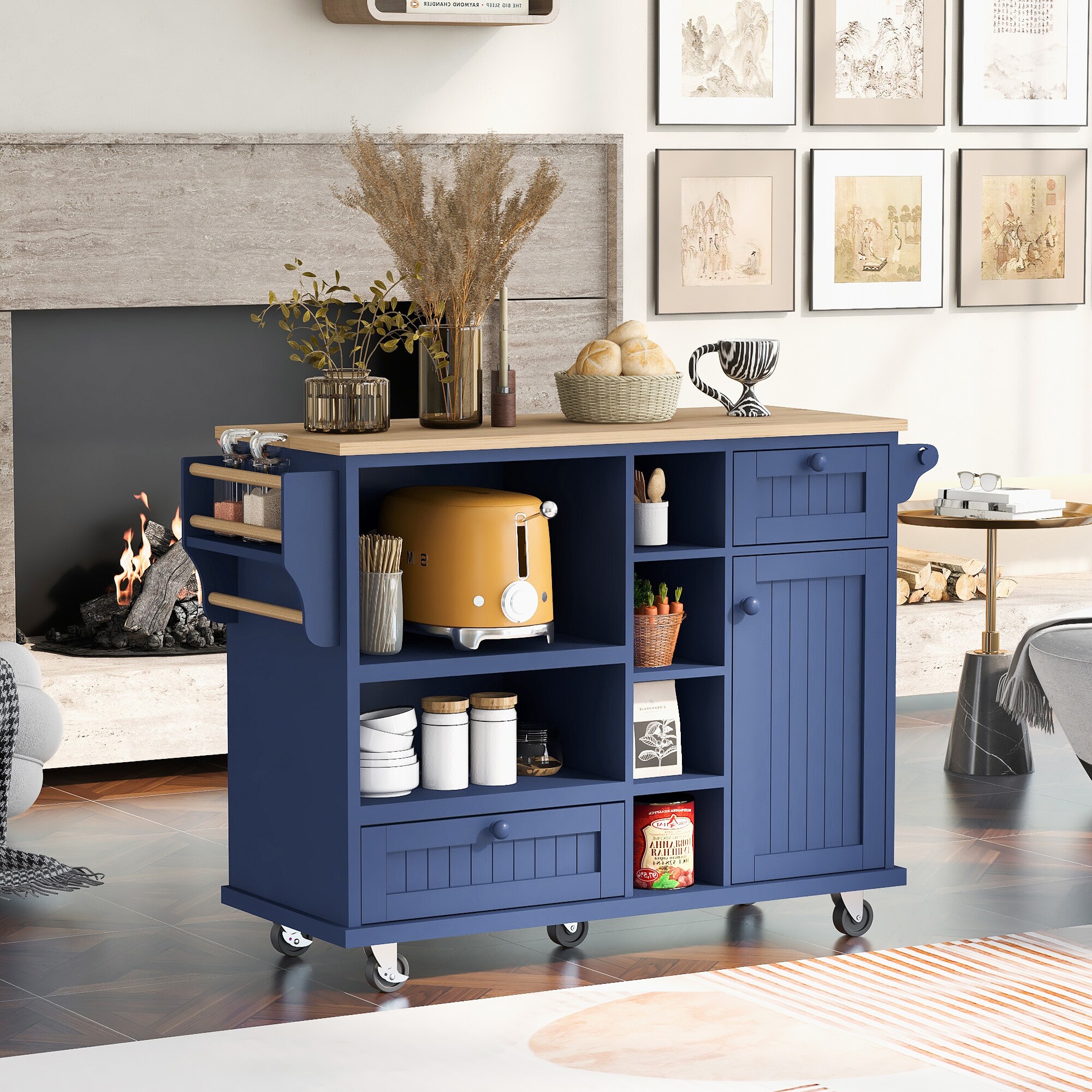 ModernLuxe WF296670AAN Kitchen Island Cart with Storage Cabinet and Two Locking WheelsSolid wood desktopMicrowave cabinetFloor Standing Buffet Server Sideboard for Kitchen RoomDining Room BathroomDark blue