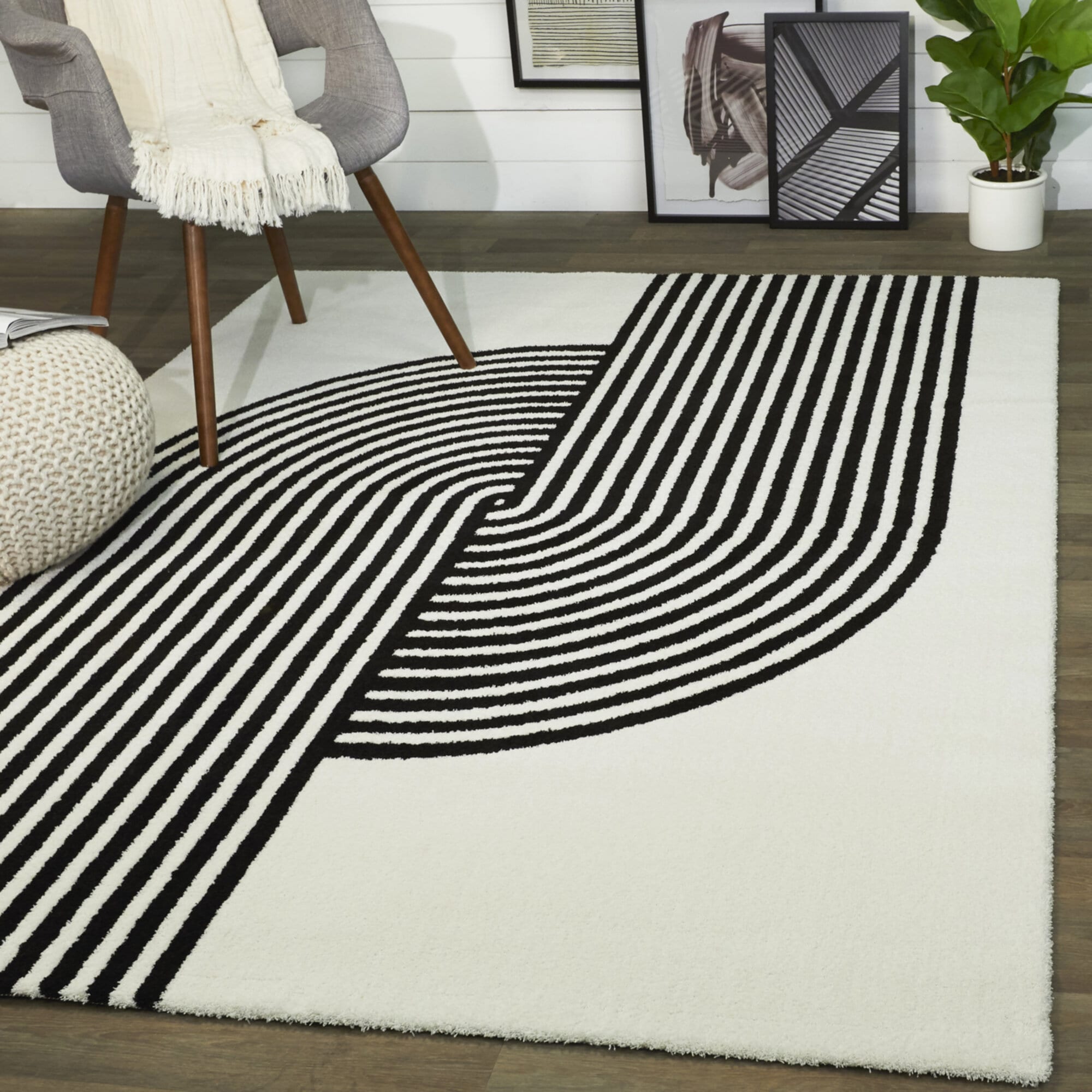 Balta 3122127 6 x 9 (ft) Polyester White Rectangular Indoor Stripe Mid-Century Modern Area rug