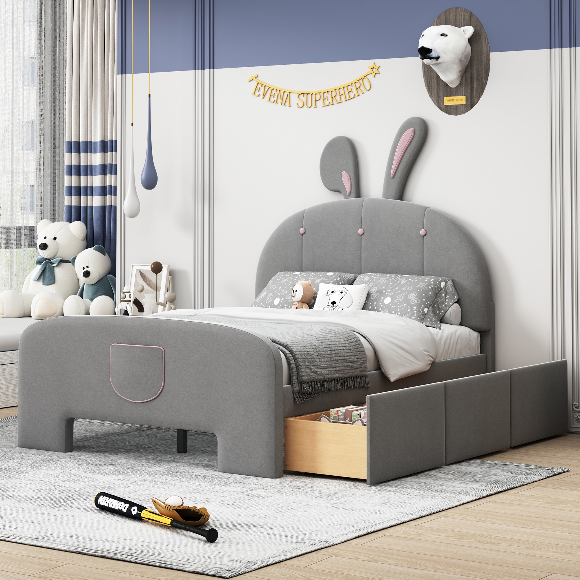 ModernLuxe L3P-SF000141AAE Full Size Velvet Platform Bed with RabbitShaped Headboard with Drawers with BedEnd Storage Pocket Gray