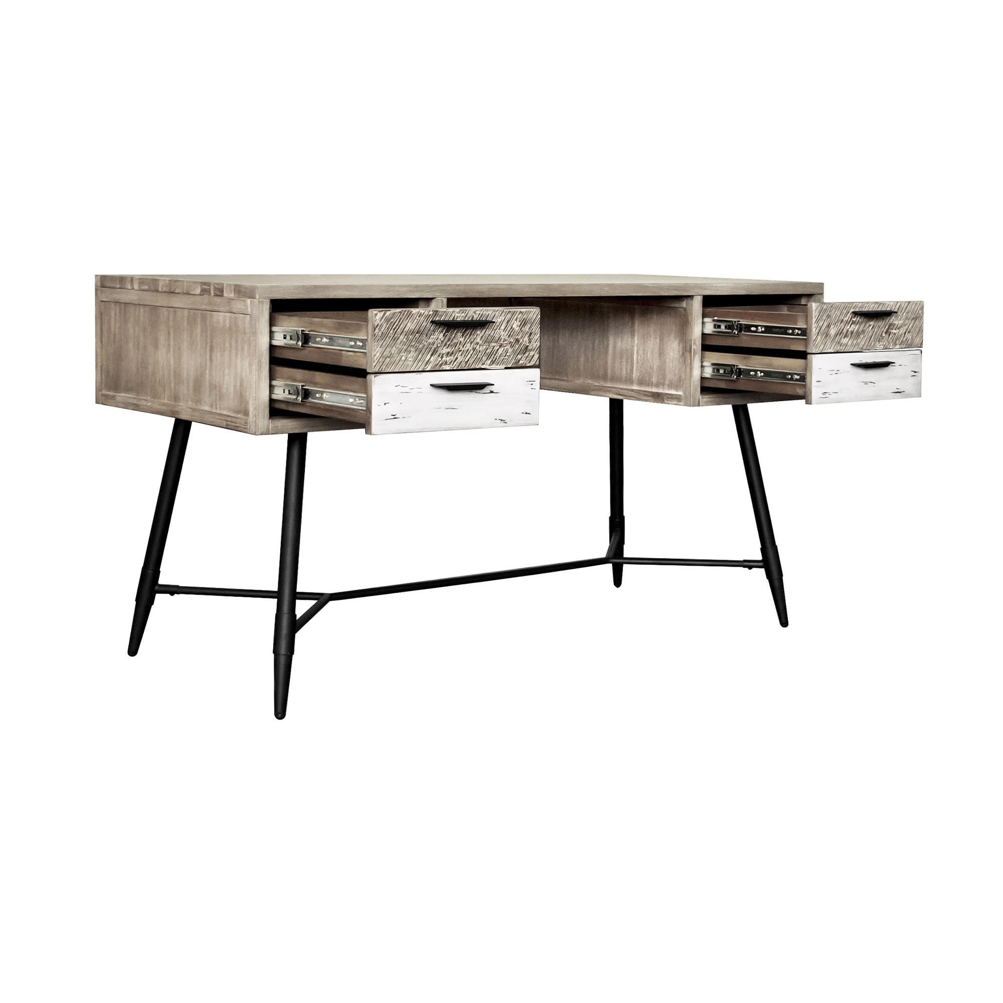 Transitional Two-Tone Acacia Wood Desk with Sleek Black Base