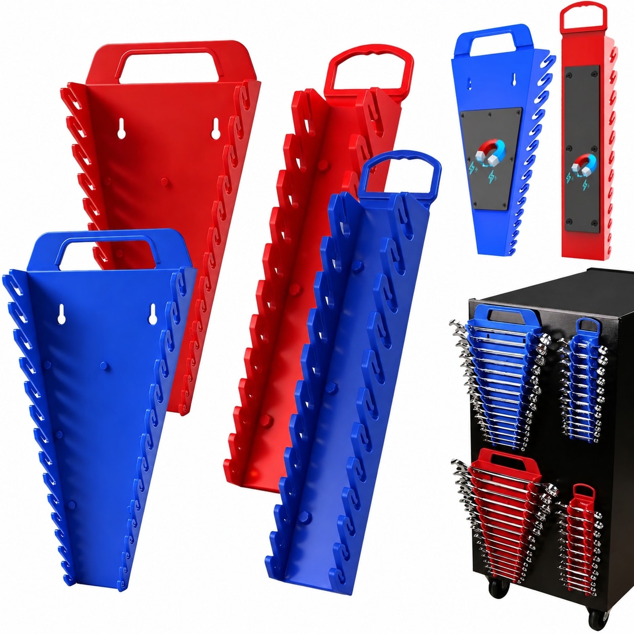 LAIFUCAM  4 pack magnetic wrench organizer holder for toolbox chest or workbench fits SAE and metric 15 slot and 12 slot trays heavy duty plastic