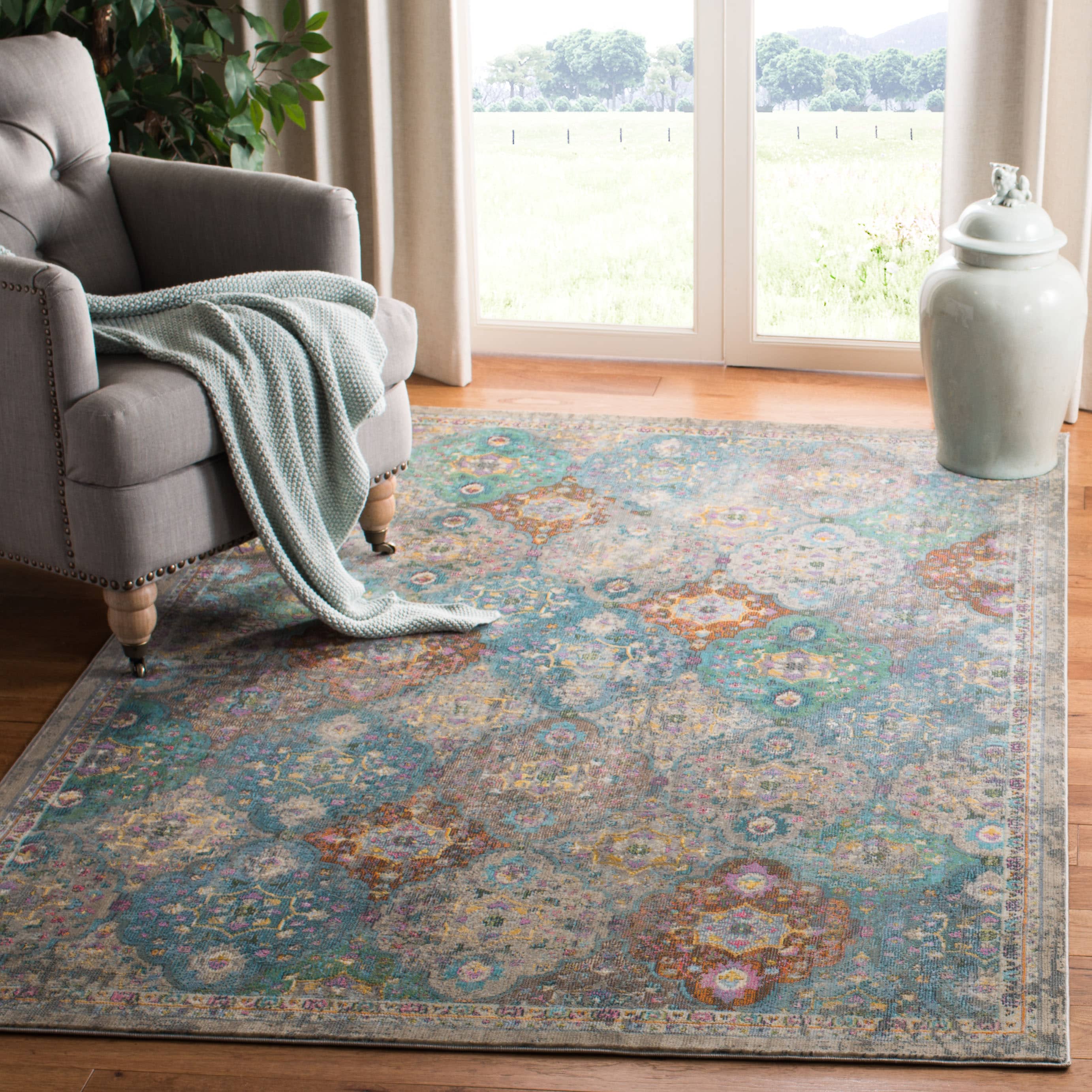 Ivory and Turquoise Hand-Knotted Viscose 8' x 10' Area Rug