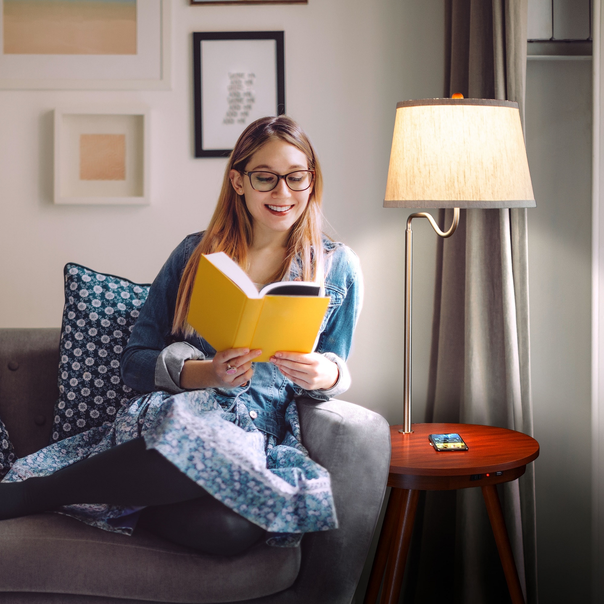 Owen Adjustable Tripod Floor Lamp with Built-In Table and USB Ports, Natural Wood & White