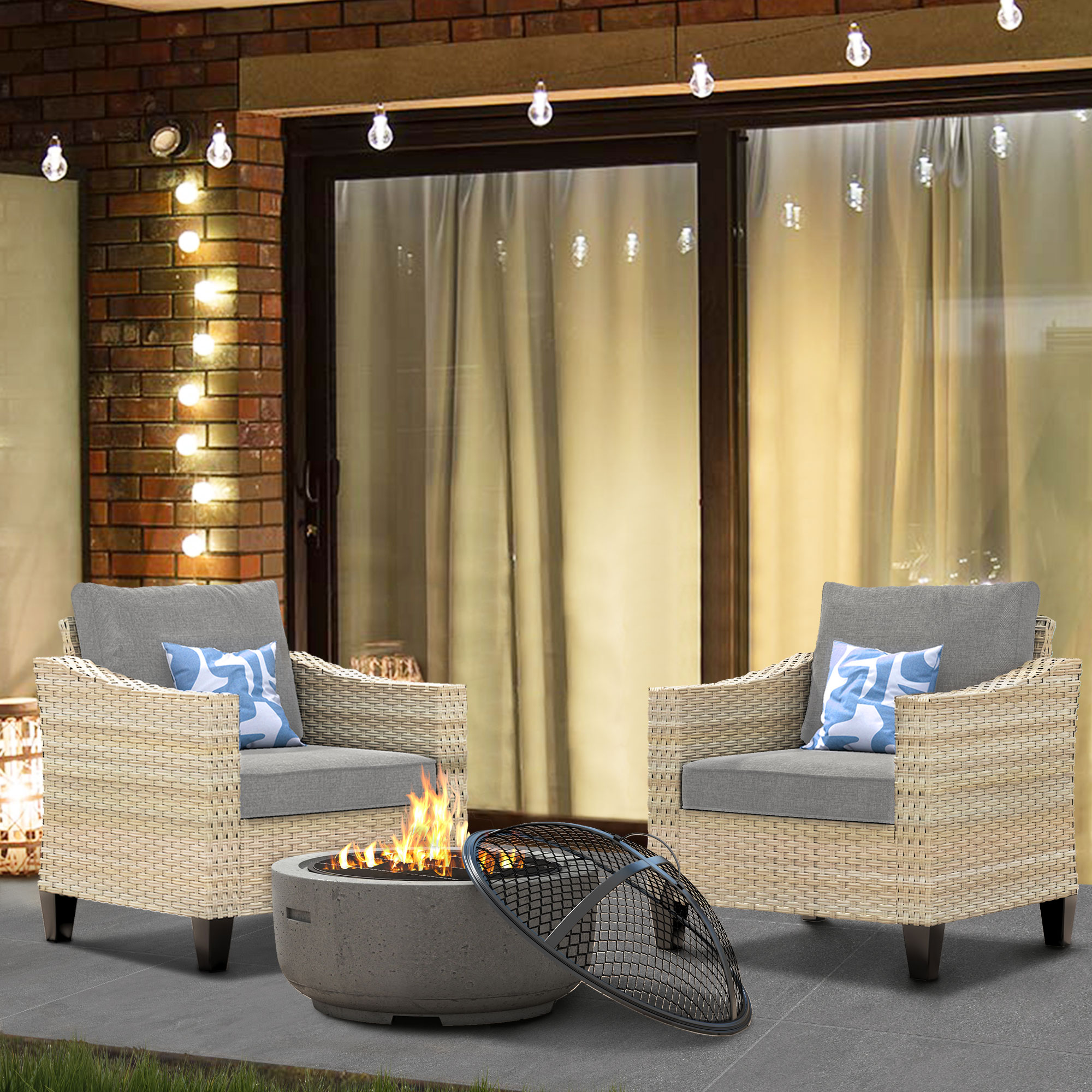 Pouuin SDAR202 3 -Piece Rattan Patio Conversation Set with Gray Cushions
