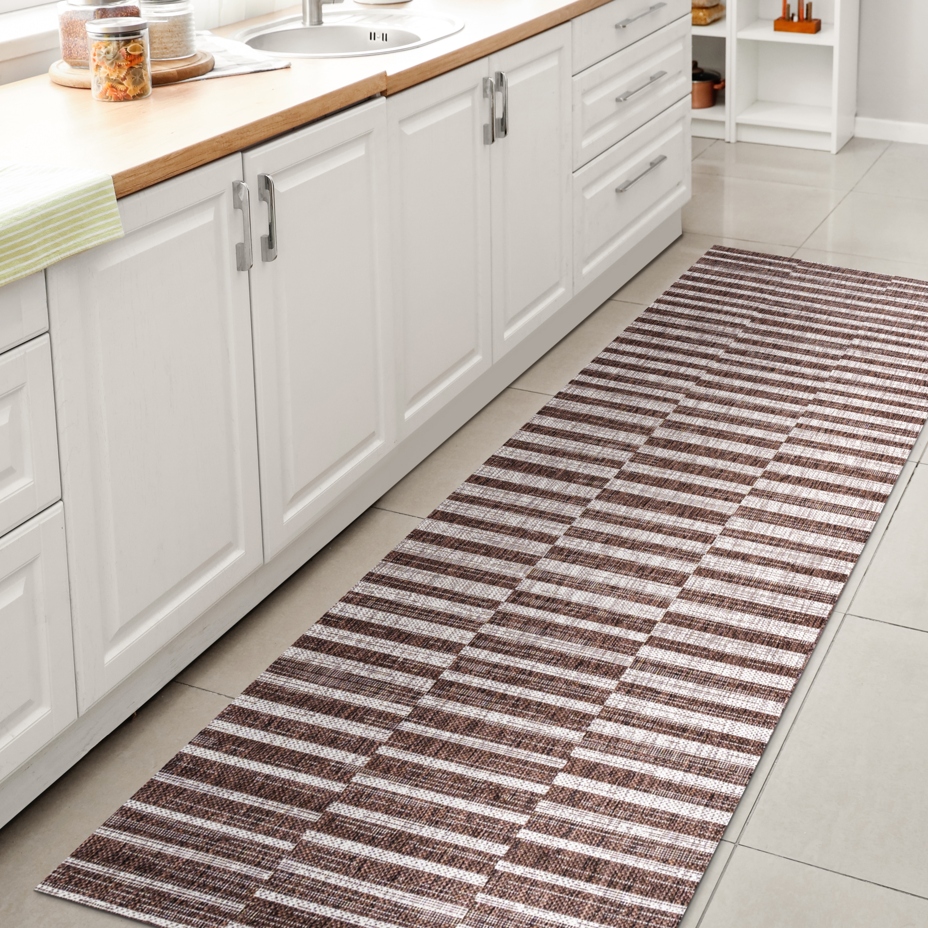 JONATHAN  Y SMB133B-28 Santa Monica Sukie Offset 2 x 8 (ft) Loomed Polypropylene Brown/Beige Rectangular Indoor/Outdoor Stripe Moroccan Runner rug
