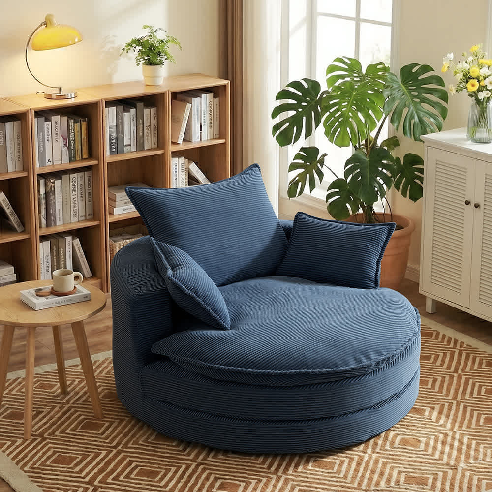 Coolbibila - Oversized Blue Corduroy Swivel Sofa Chair Barrel Chair with Cushion and Pillows for ...