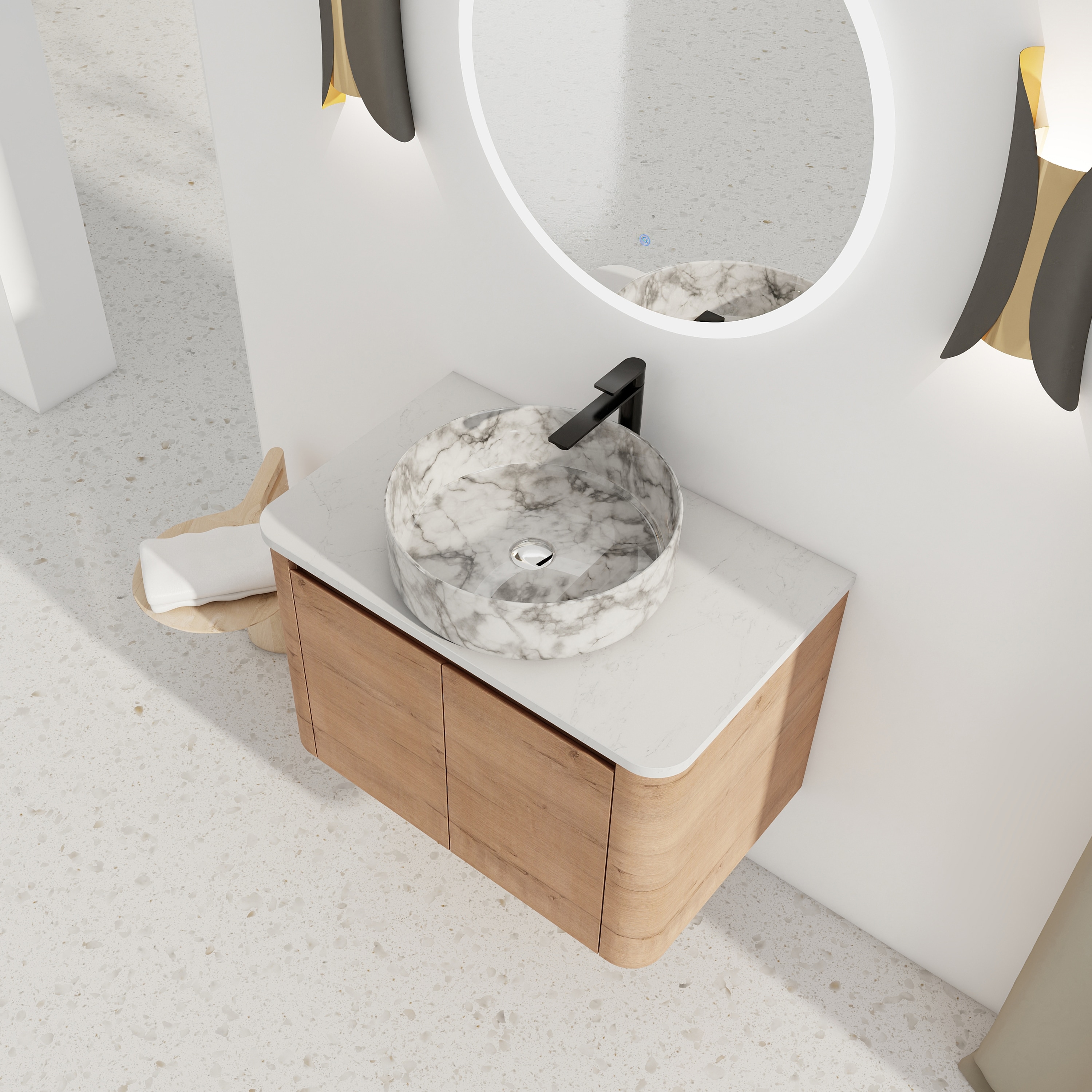 Tahanbath - 30 inches Wall-Mounted Bathroom Vanity With Ceramic Art Sink 2-Soft-Close Door KD-Pac...