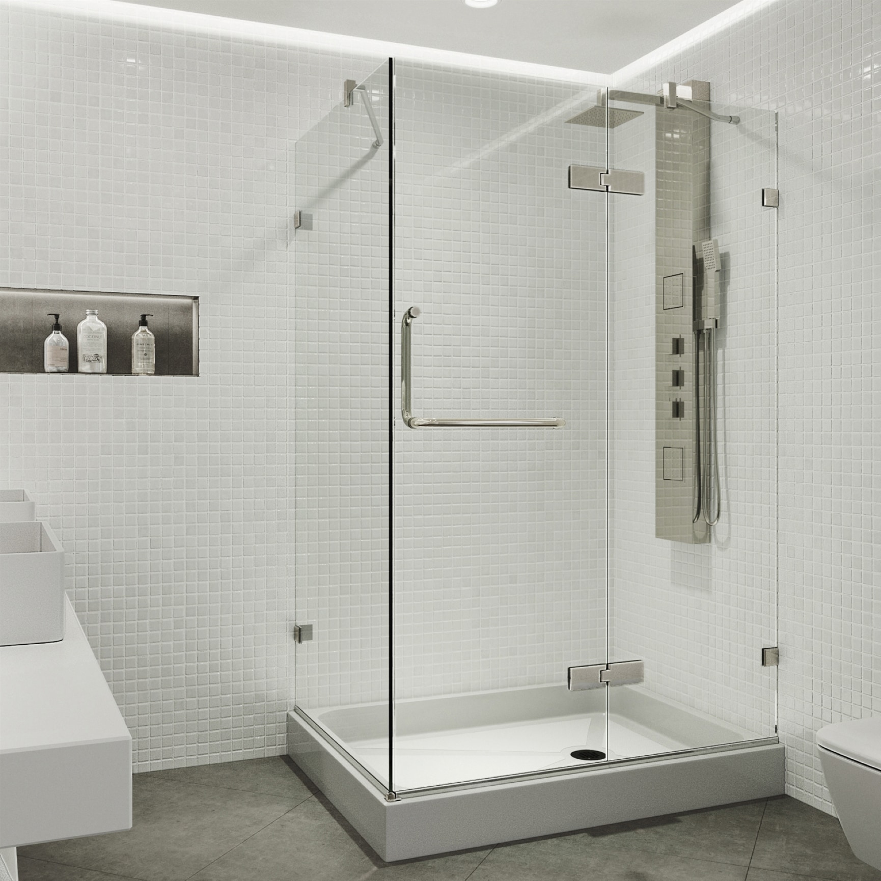 VIGO VG6011BNCL40WR Monteray 2 -Piece 40-in W x 32-in L x 79-in H Rectangular Corner shower kit ( Right Drain) Base and Door Included Brushed nickel Hardware Included