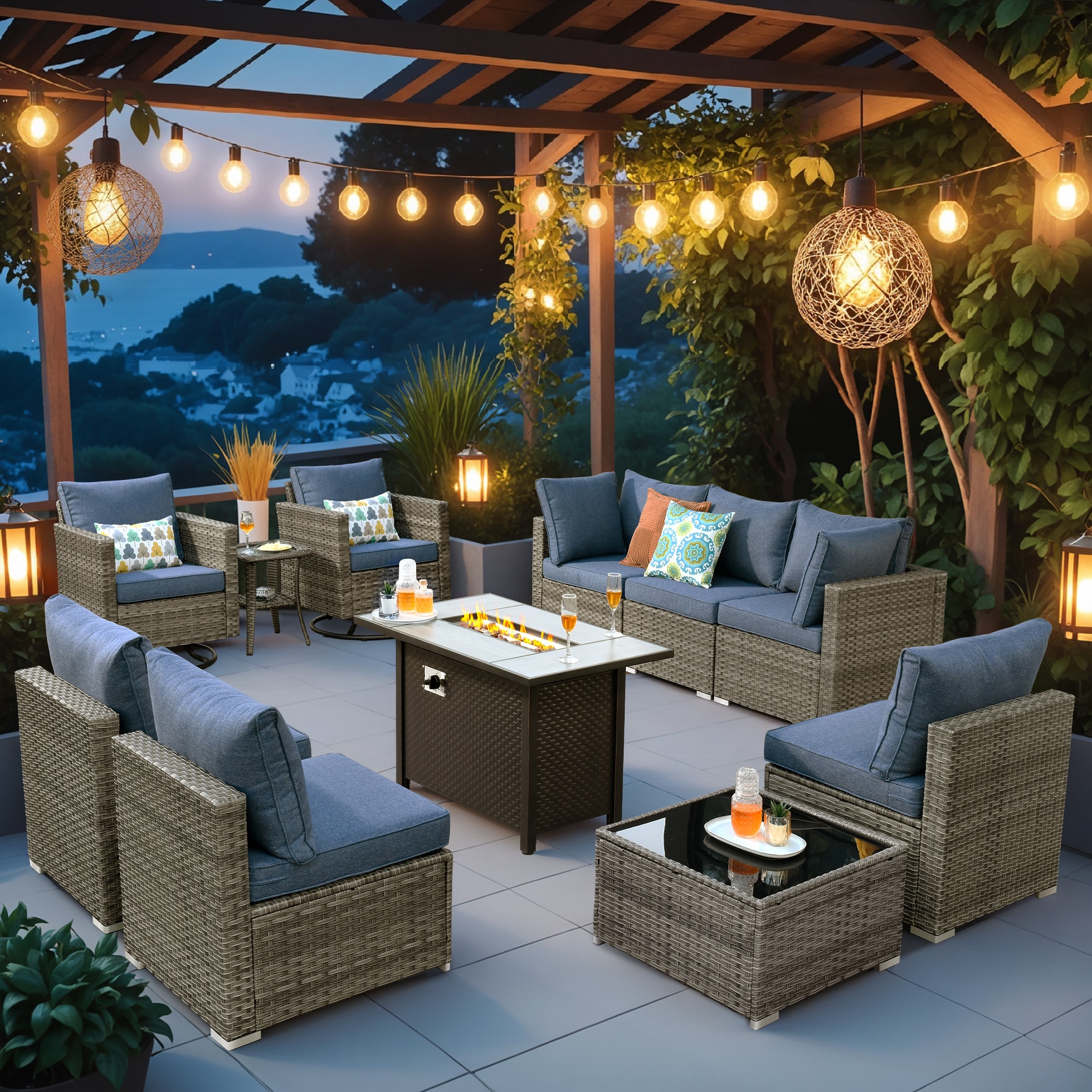 XIZZI XIHOPS306-RC3IFP Sunrise 11-Piece Rattan Patio Sofa Conversation Set with Blue Cushions