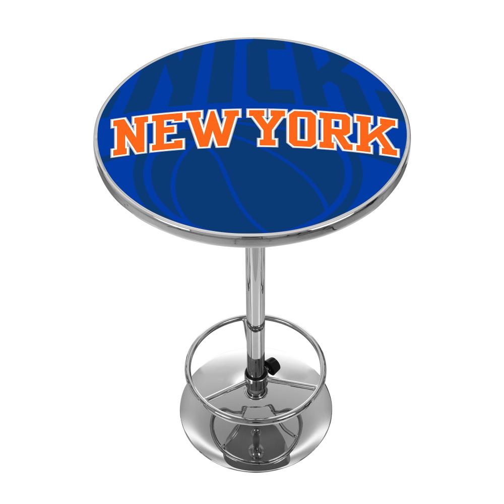 Trademark Gameroom NBA2000-NY2 New York Knicks Pub Tables Chrome Round Traditional Bar Table, Composite with Metal Pedestal Base 27.375-in L x 42-in H