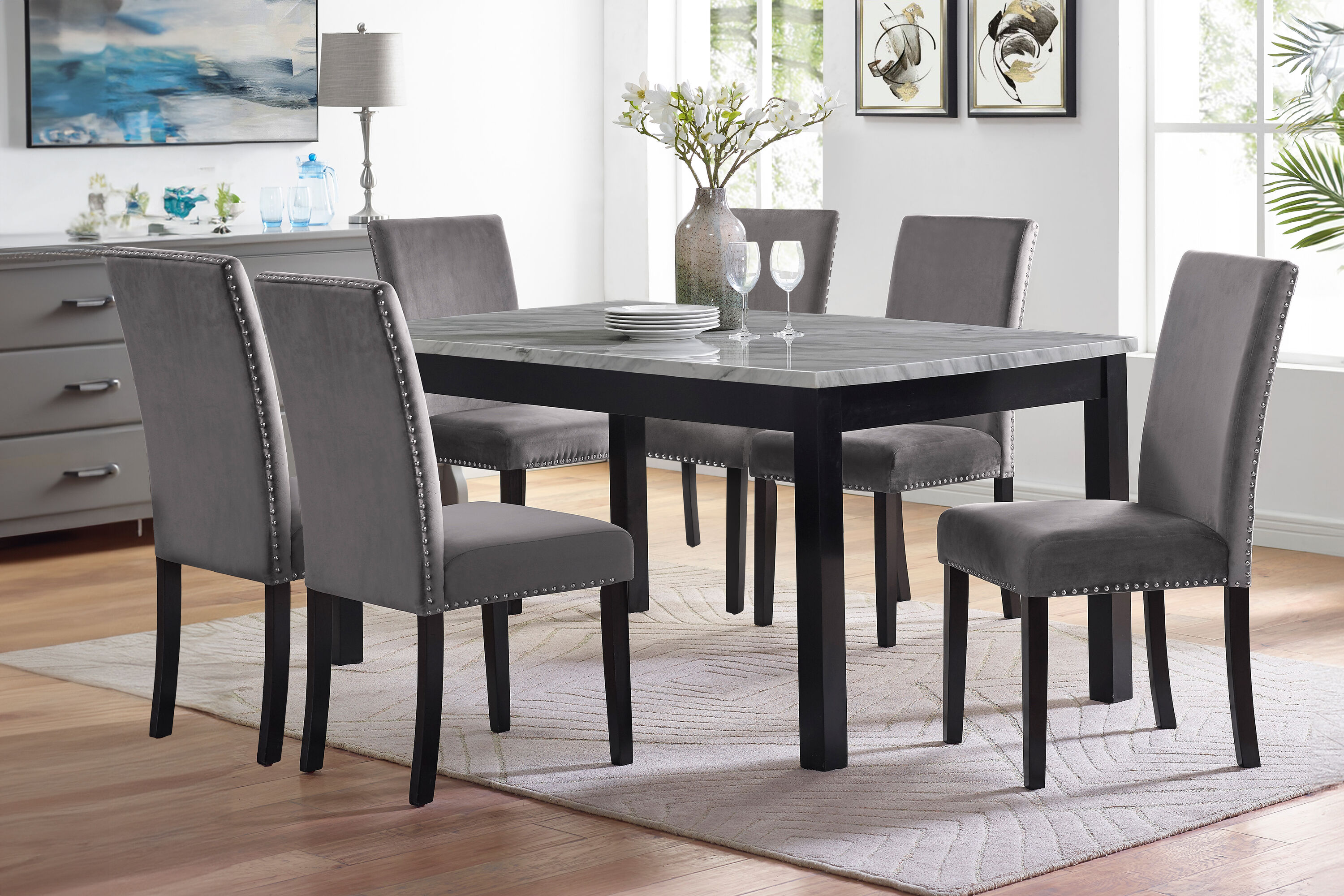 New Classic Furniture 41-400-GYD6C Celeste Gray Contemporary/Modern Dining Room Set with Rectangular Table ( Seats 6 )