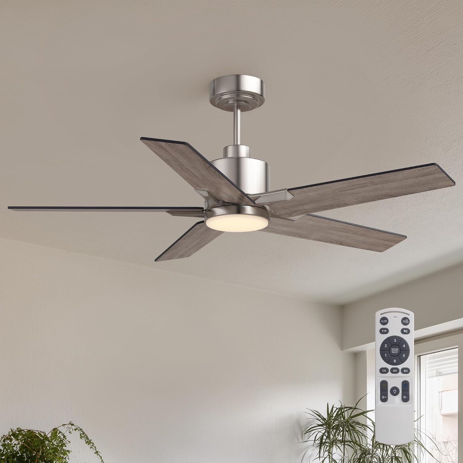 FANNEHONNE 46 Inch Nickel Modern Ceiling Fan with LED Light(5 Blades Remote Included)