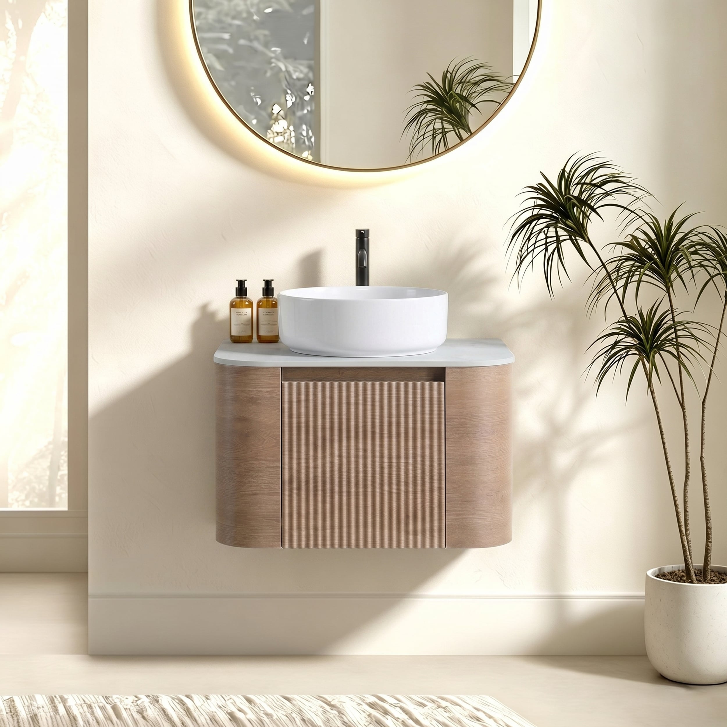 Afhocomp - 24.03 in. Single Wall-mount Honey Oak Bath Vanity with White Sintered Stone Top and Wh...