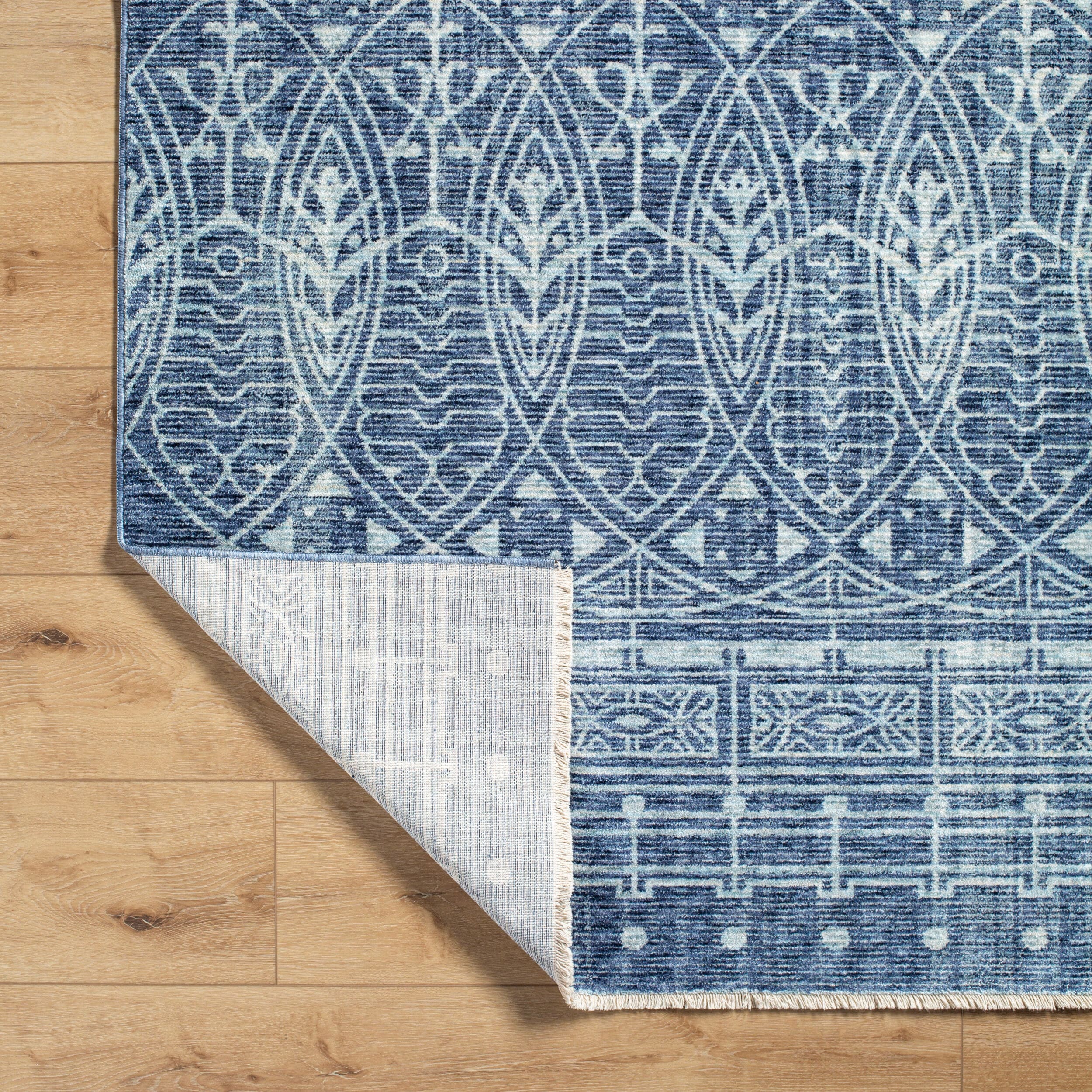 Blue and White Geometric Pattern Rectangular Rug