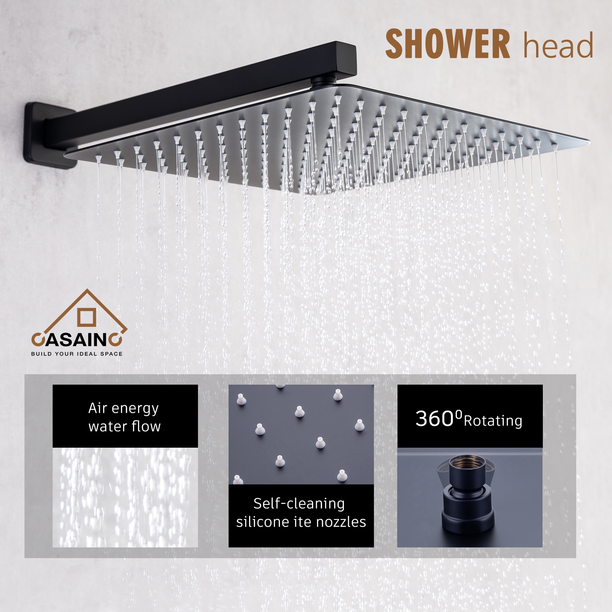 CASAINC Matte Black Dual Head Waterfall Built-In Shower Faucet System ...