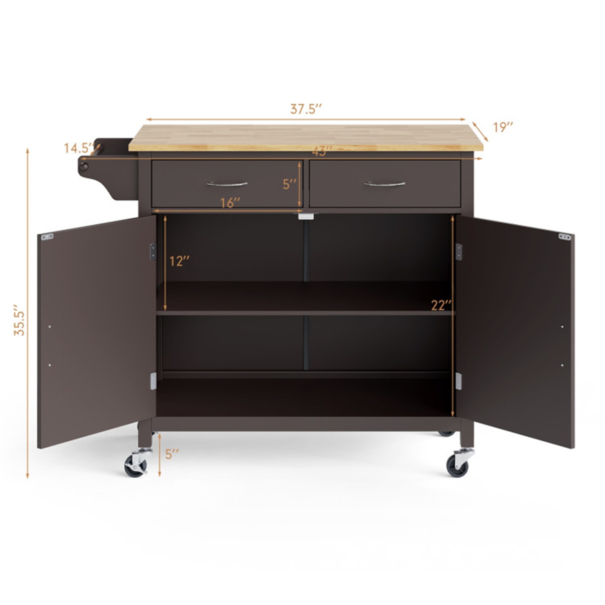 BABOOM Brown Mdf Base with Wood Top Rolling Kitchen Island (19-in x 43-in x 35.5-in)
