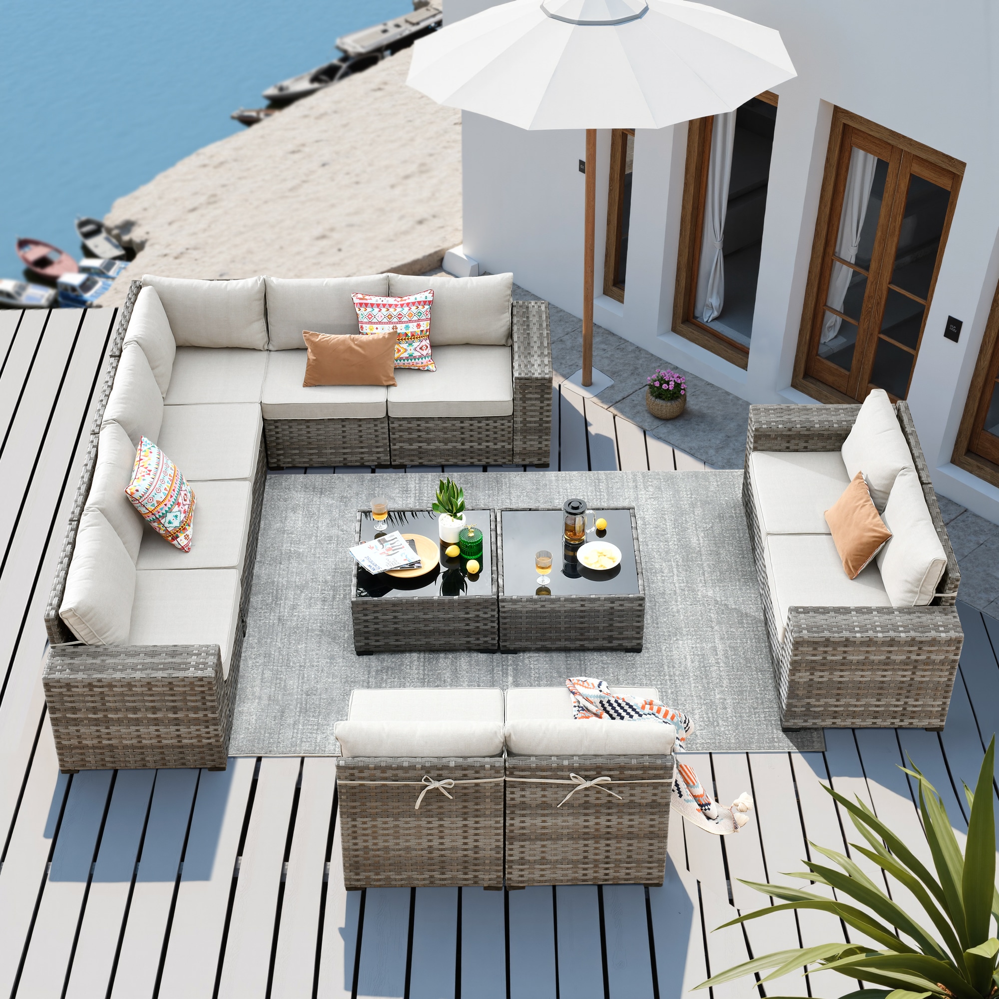 Pouuin SBBR6012 12 -Piece Rattan Patio Conversation Set with Off-white Cushions