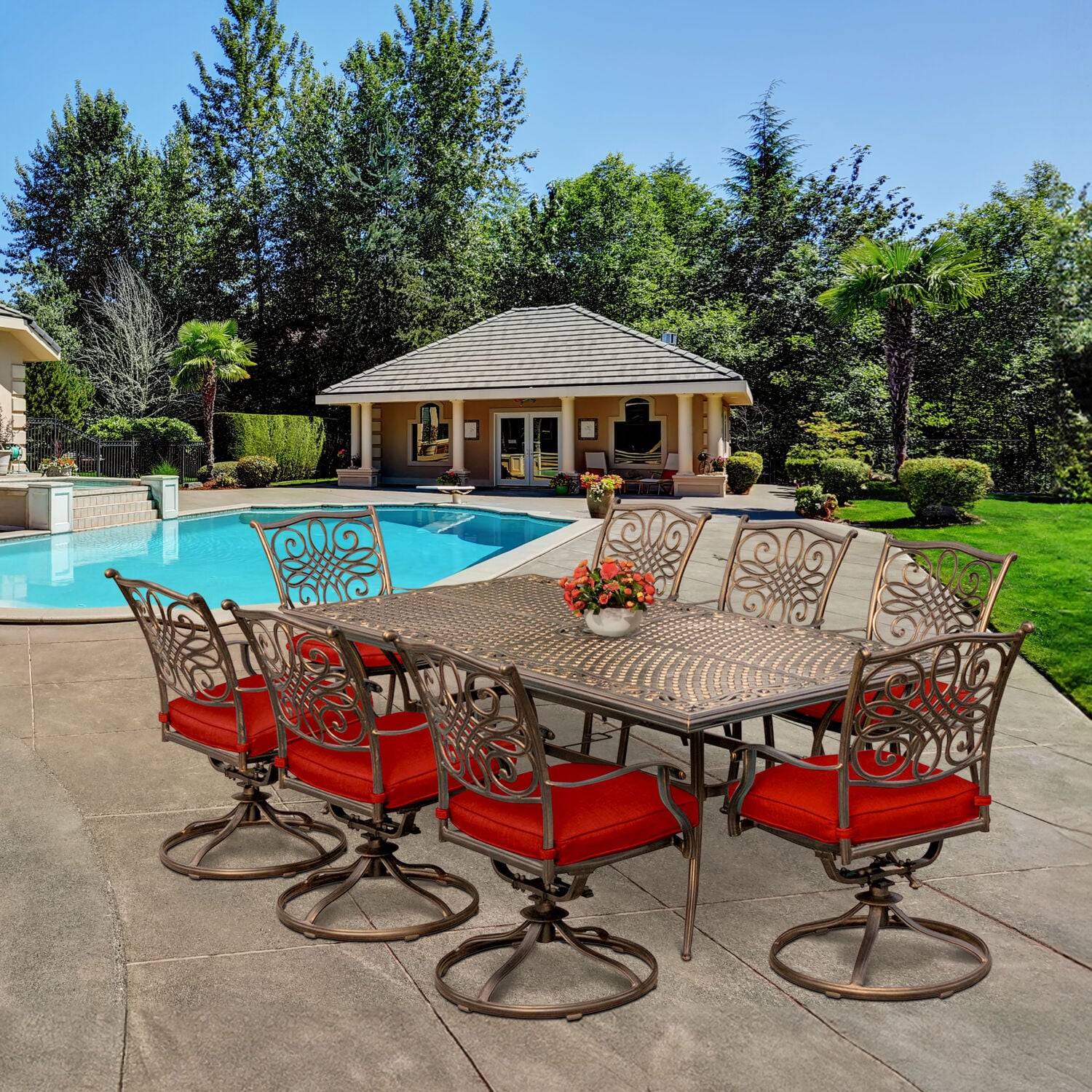 Hanover 9-Piece Bronze Aluminum Outdoor Dining Set with Red Cushions