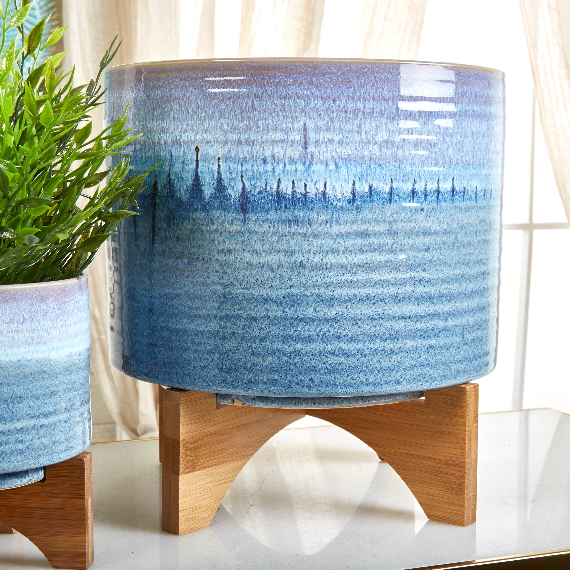 Sagebrook Home 14485-04 Round 10.5-Inches W Small Blue Ceramic Indoor/Outdoor Planter