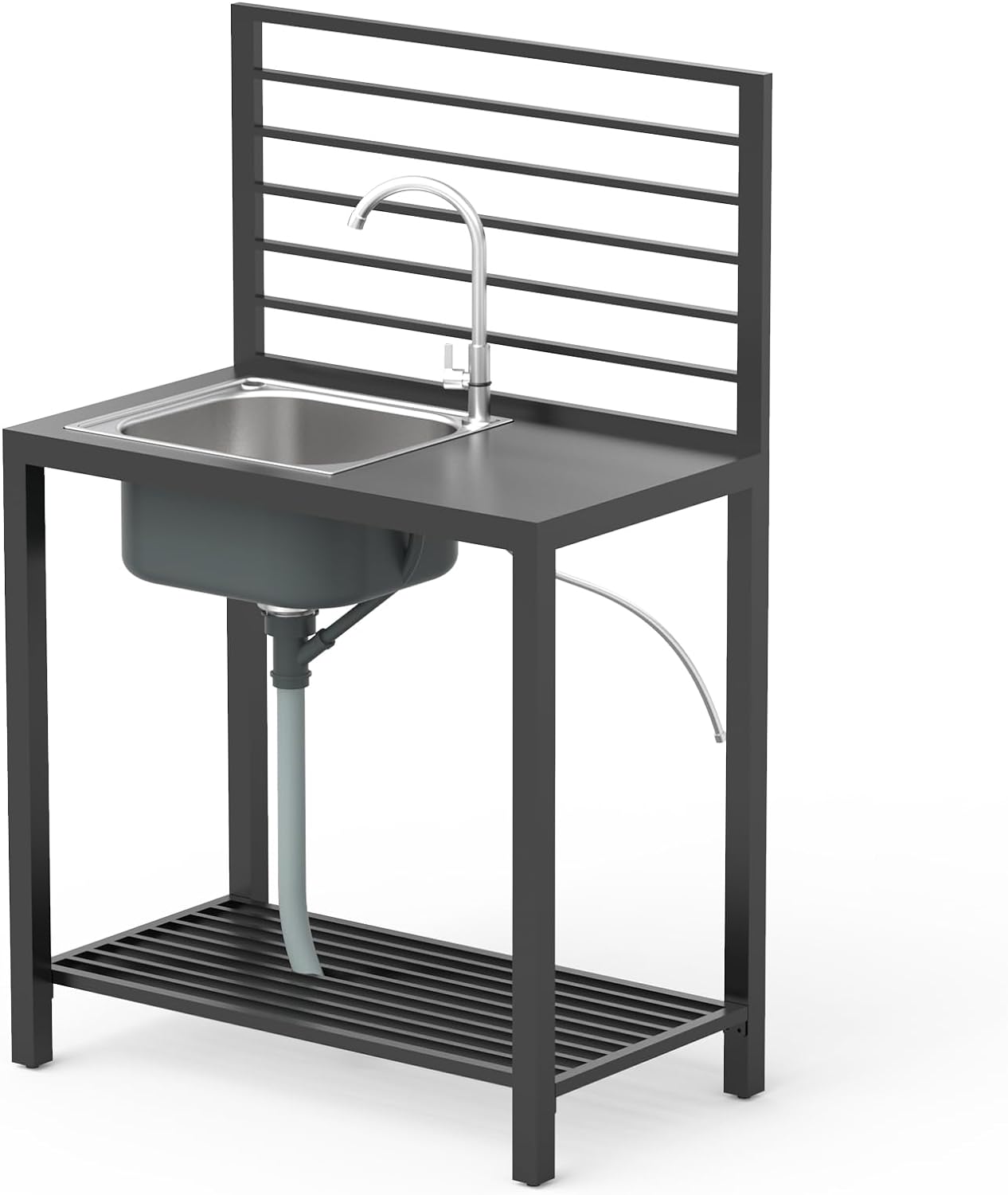 LOVMOR Outdoor Kitchen Island with Storage Aluminum Stainless Steel Sink Faucet Drainboard Freestanding Shelves Protective Cover