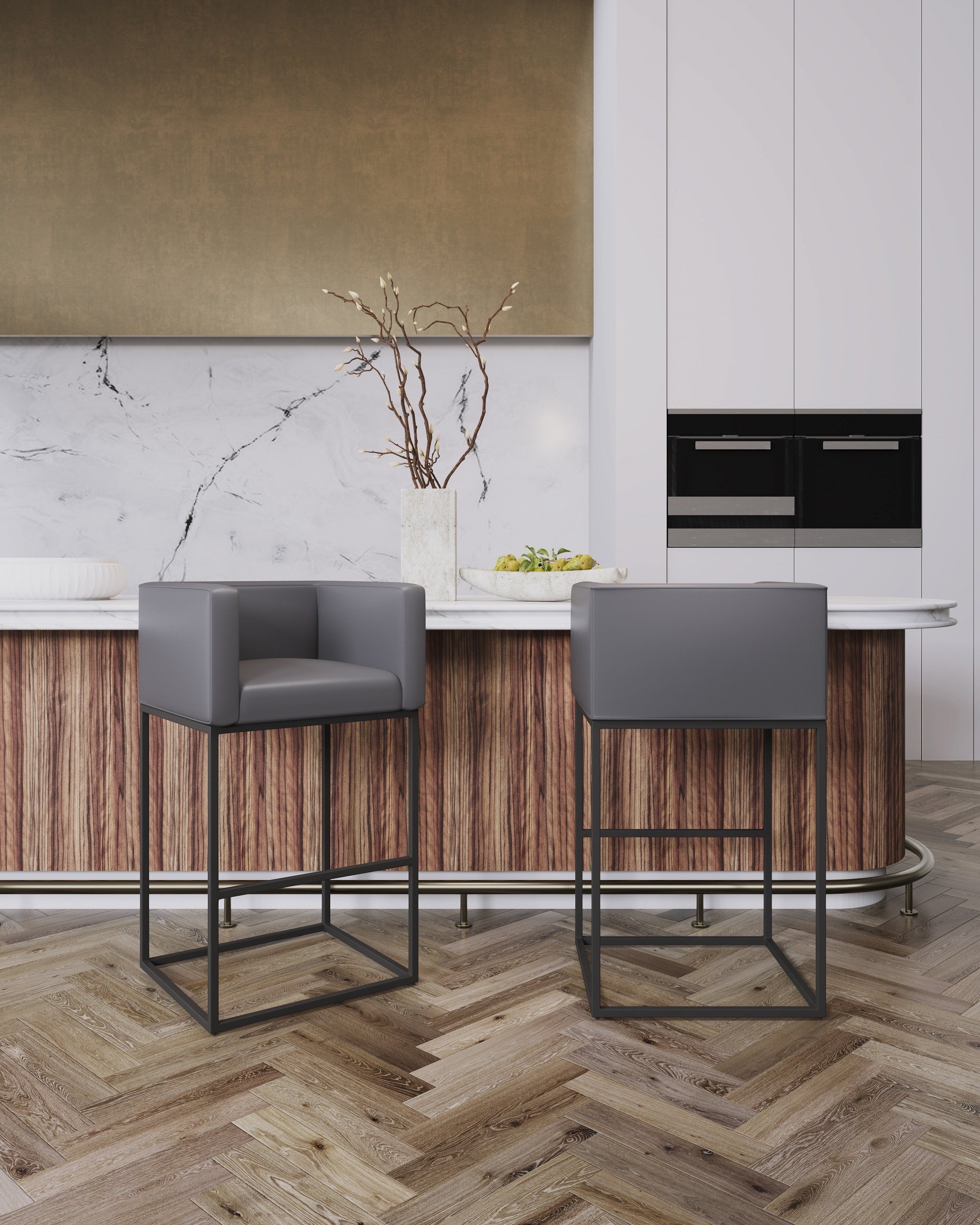 Manhattan Comfort CS011-GY Embassy Grey and Black 25.0-in H Counter height Square seat Upholstered Metal Bar Stool and Back
