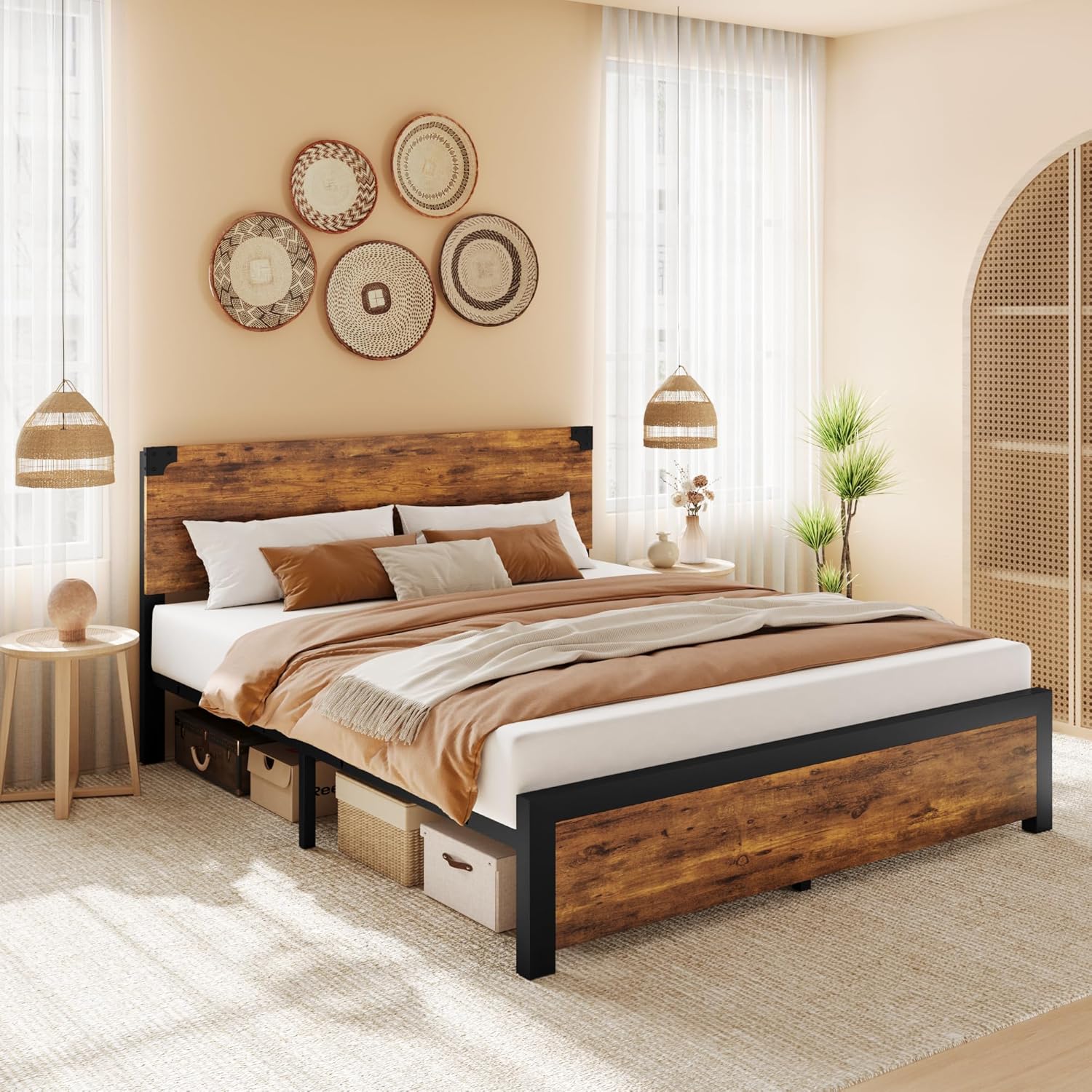 Qeetex PD-PHO-0V1Q8ZIZ Queen Bed Frame With Wood Headboard-Underbed Storage-Metal Legs-No Box Spring Needed-Noise Free-Easy Assembly
