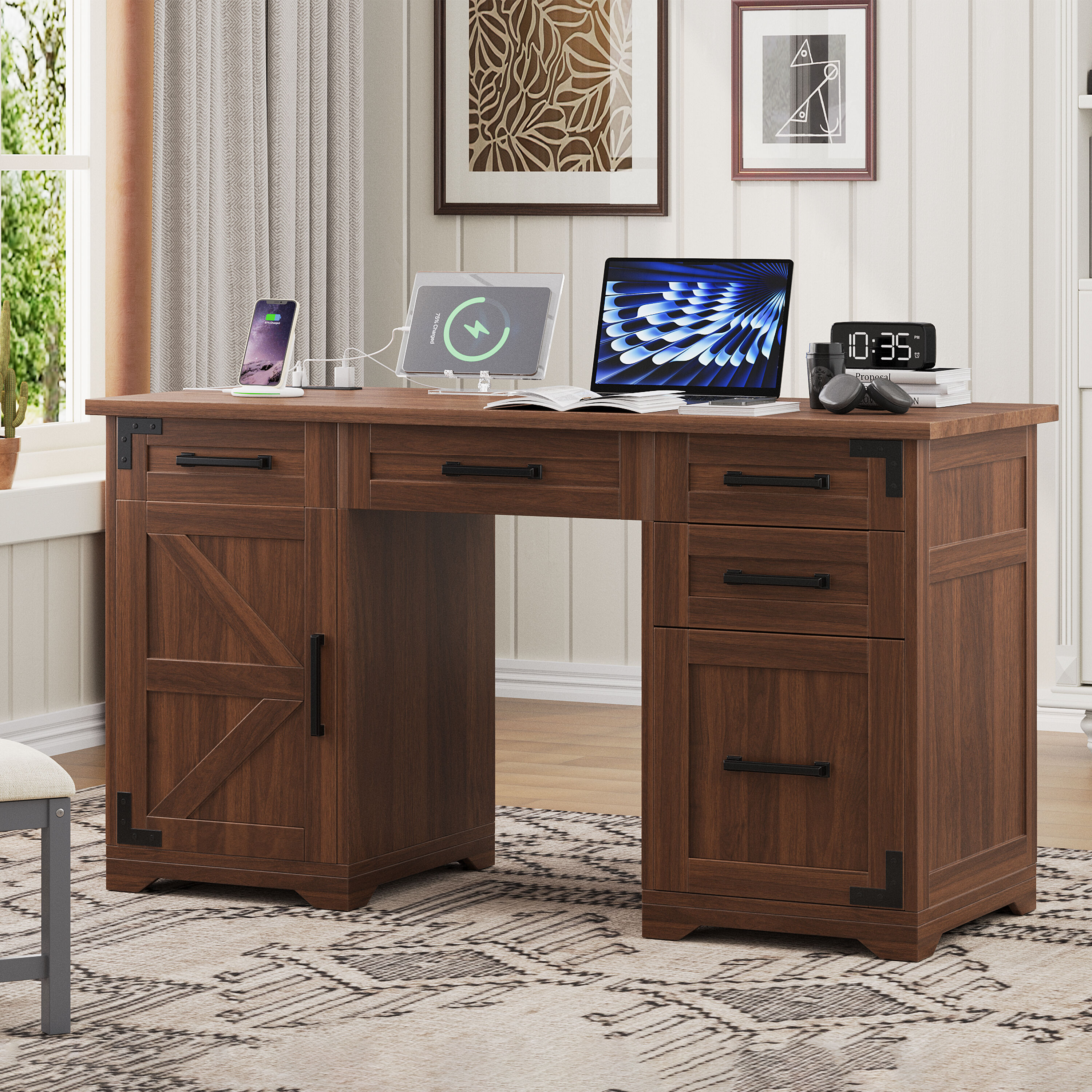 Roomfitters 55 Inch Farmhouse Executive Desk with Power Outlet Charging ...