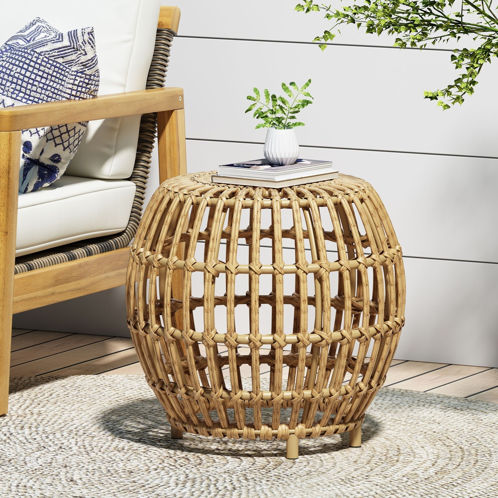 UOI 20 inch Light Brown Faux Rattan Wicker Round Side Table with Bohemian Handcrafted Weave for Indoor Outdoor Use