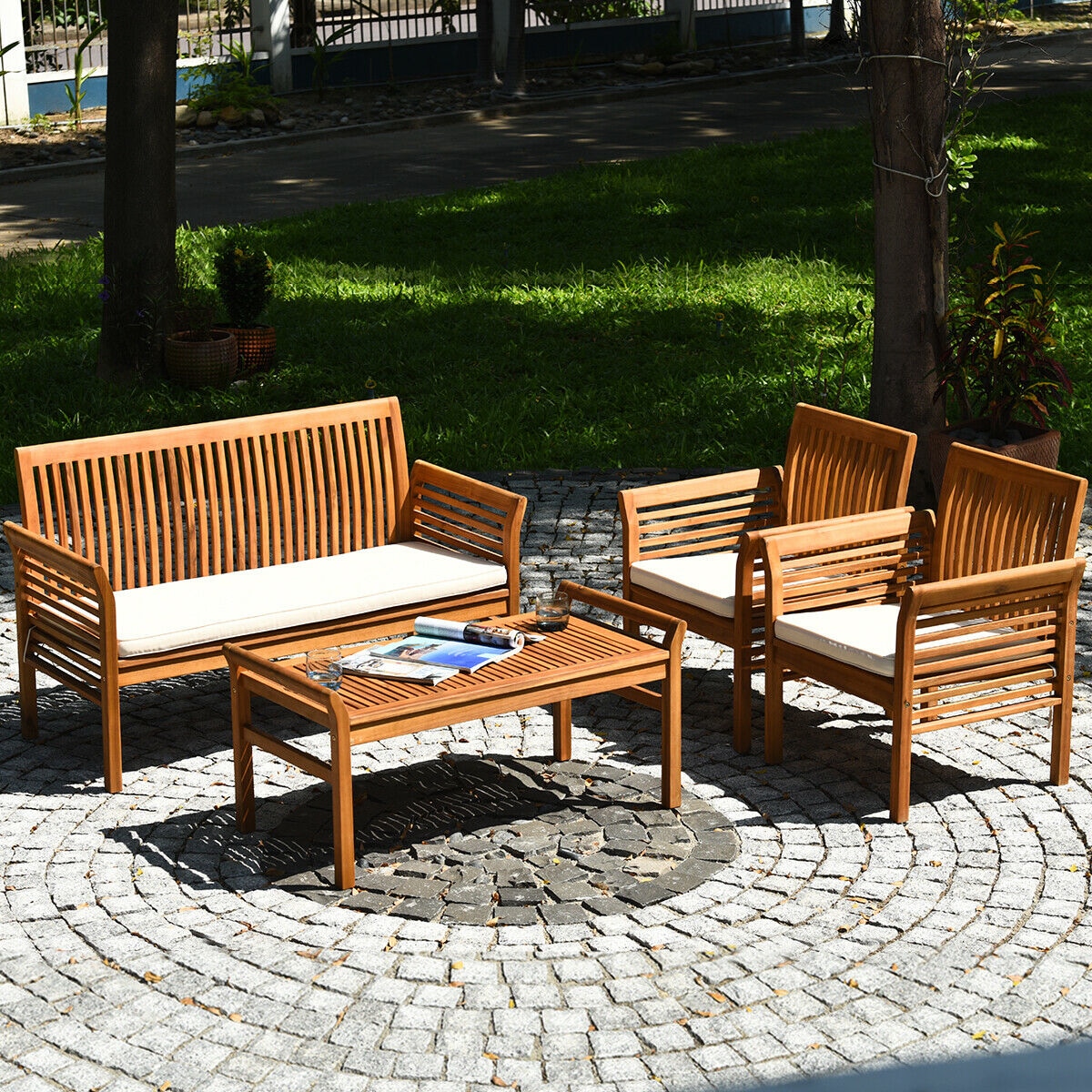 Forclover CKT-S00023 Patio Conversation Sets 4 -Piece Patio Conversation Set with Beige Cushions