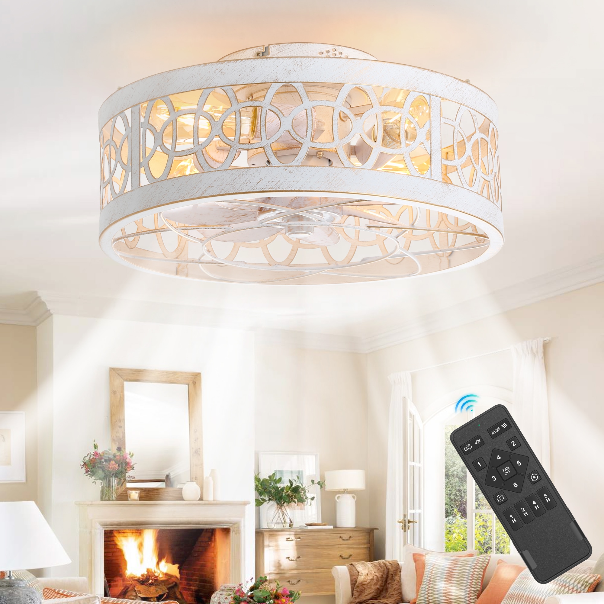 Breezary 35008-WG 17-in Flush Mount Distressed White and Gold with White Blades Fandelier Ceiling Fan With Light 7 -Blade )