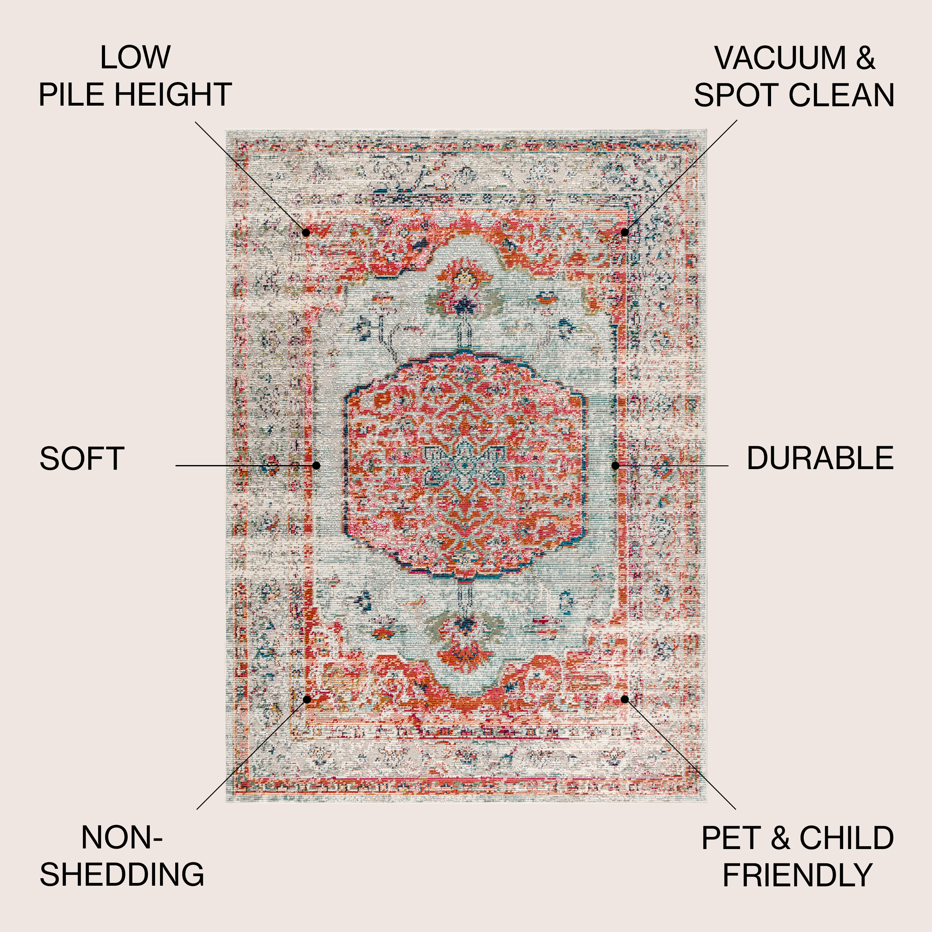 Andalus Vintage Medallion 4'x6' Ivory and Coral Synthetic Area Rug