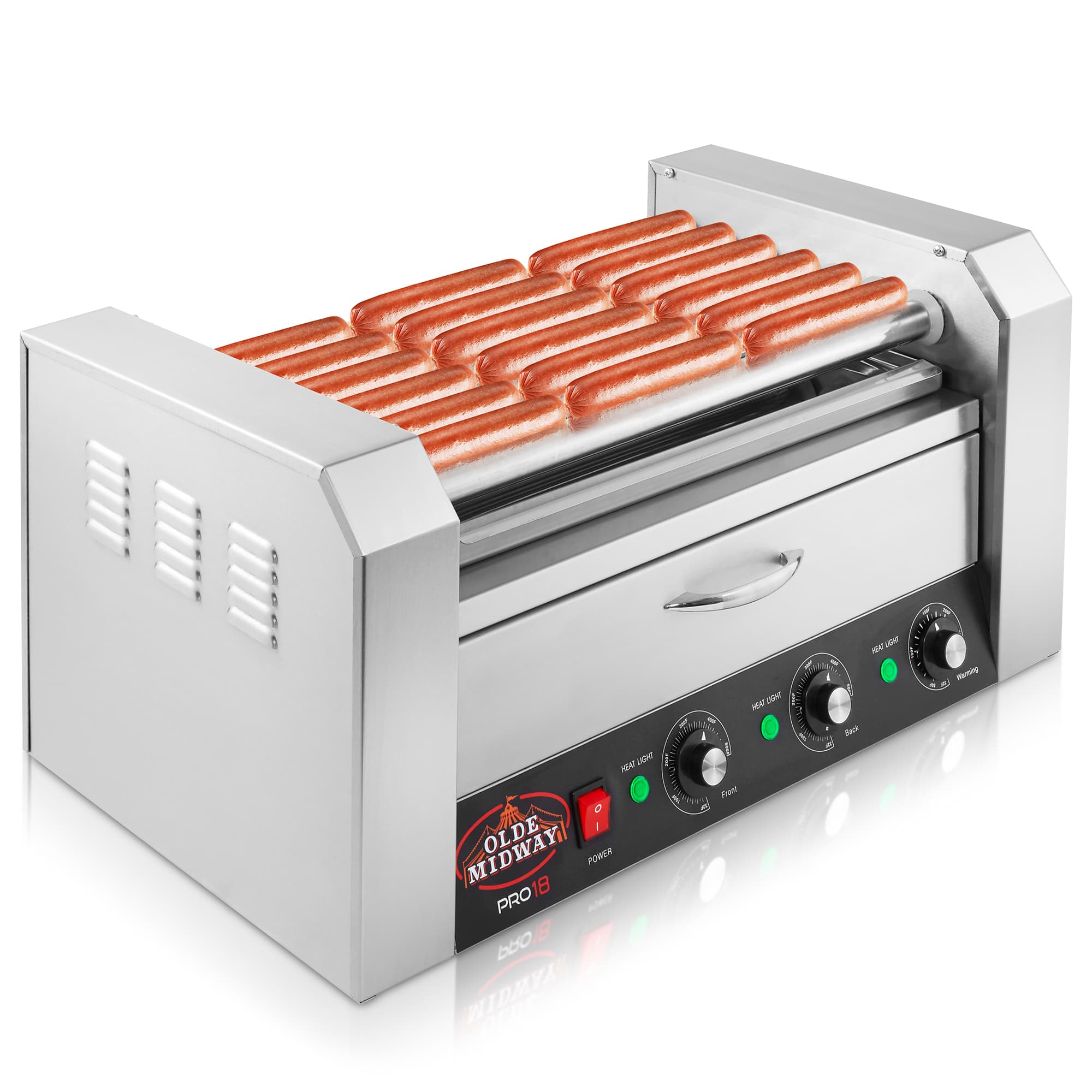 Olde Midway Electric 18 Hot Dog 7 Roller Grill Cooker Machine with Bun Warmer #CON-ROLL-PRO19-DRW