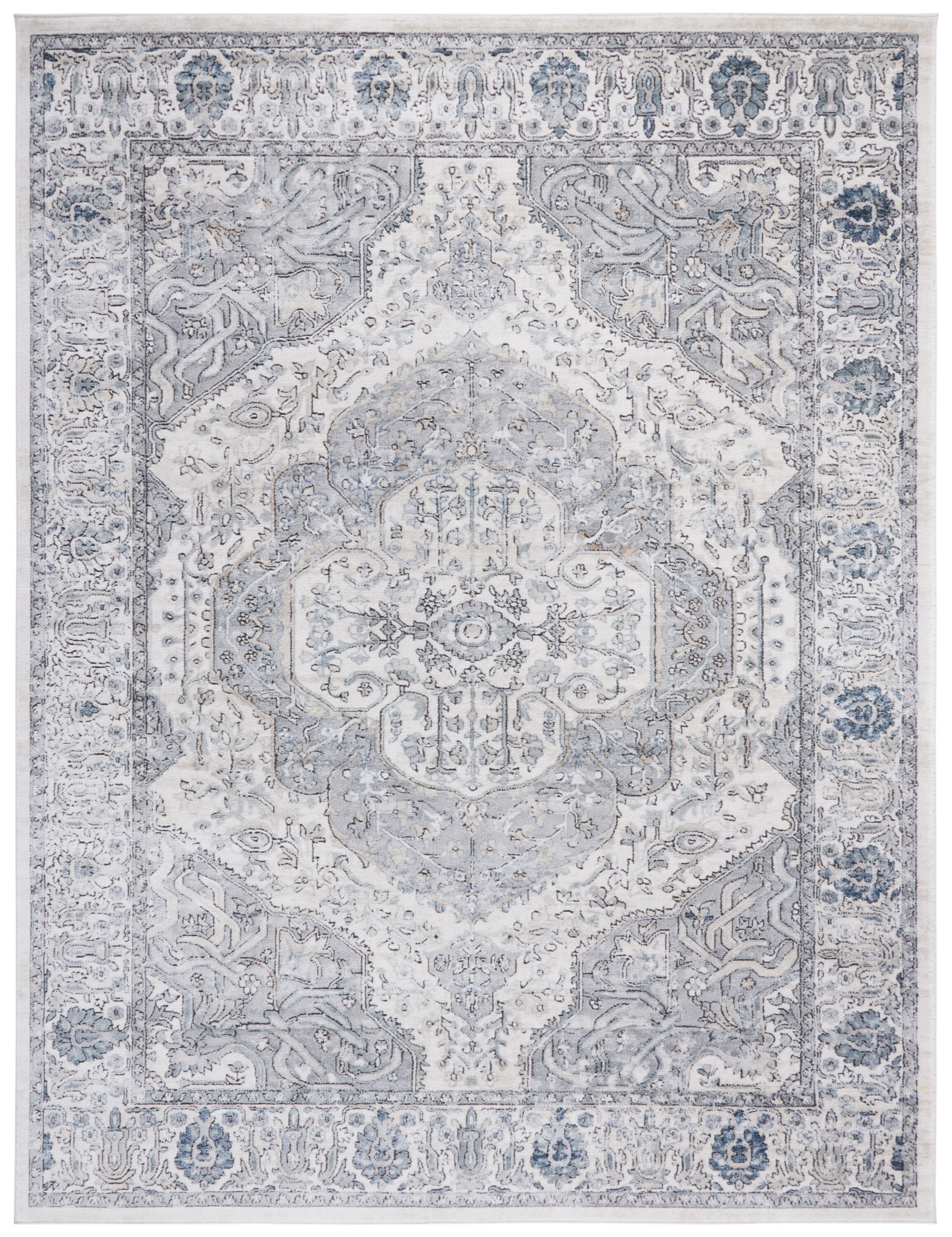 Elegant Ivory and Grey Floral Synthetic Area Rug, 8' x 10'
