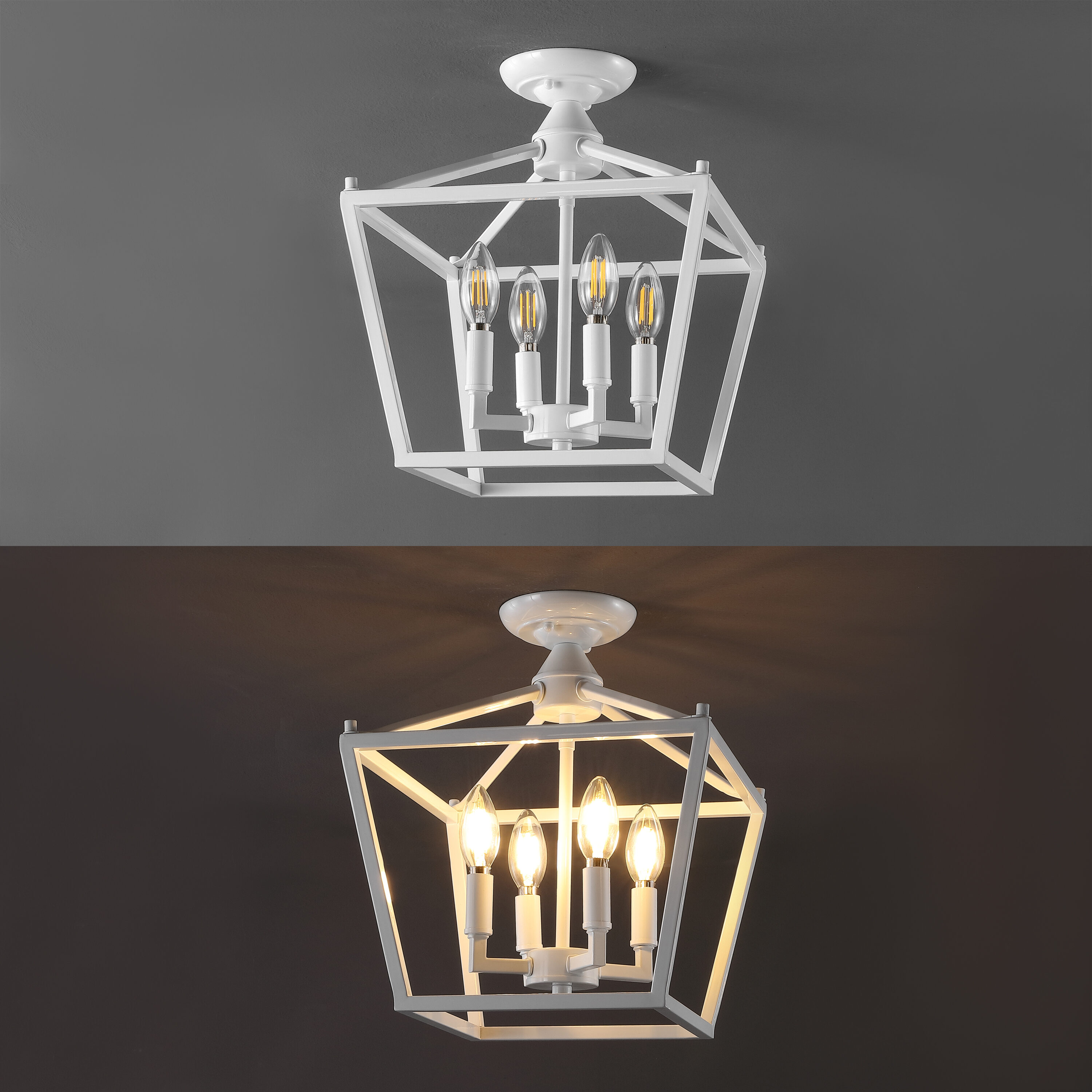White Iron Farmhouse LED Lantern Flush Mount Light