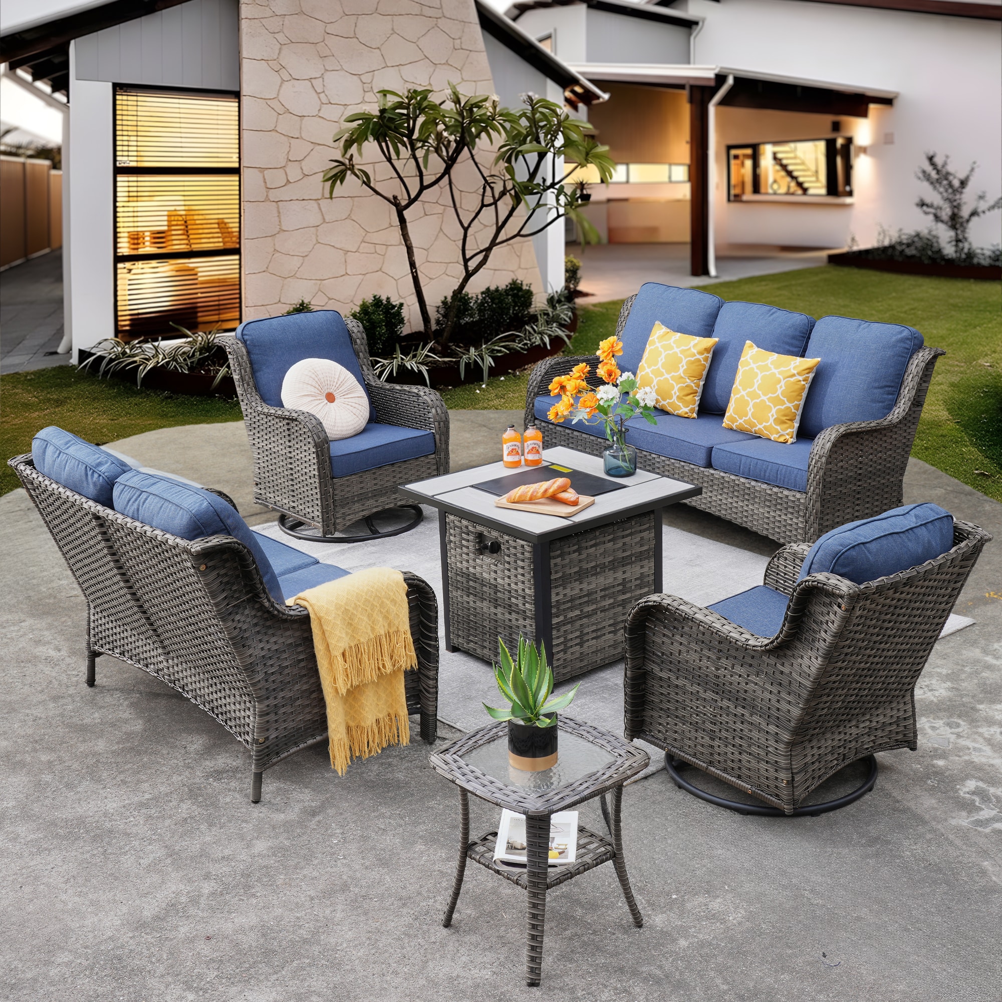 Ovios FPGNTC3-6Y 6-Piece Rattan Patio Sofa Conversation Set with Blue Cushions