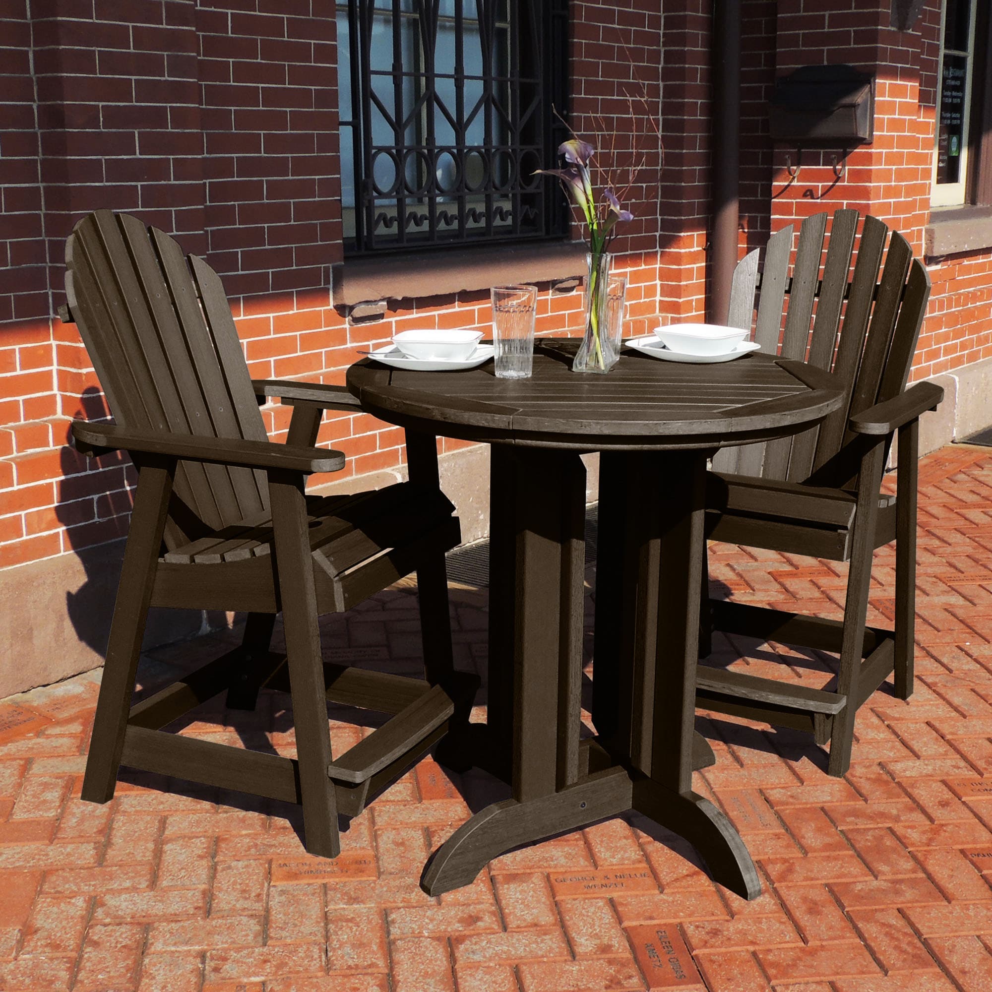 highwood CM-ST3SQC1-ACE Sequoia Professional 3 -Piece Weathered Acorn Patio Dining Set Plastic Round Table with 2 Stationary Chairs