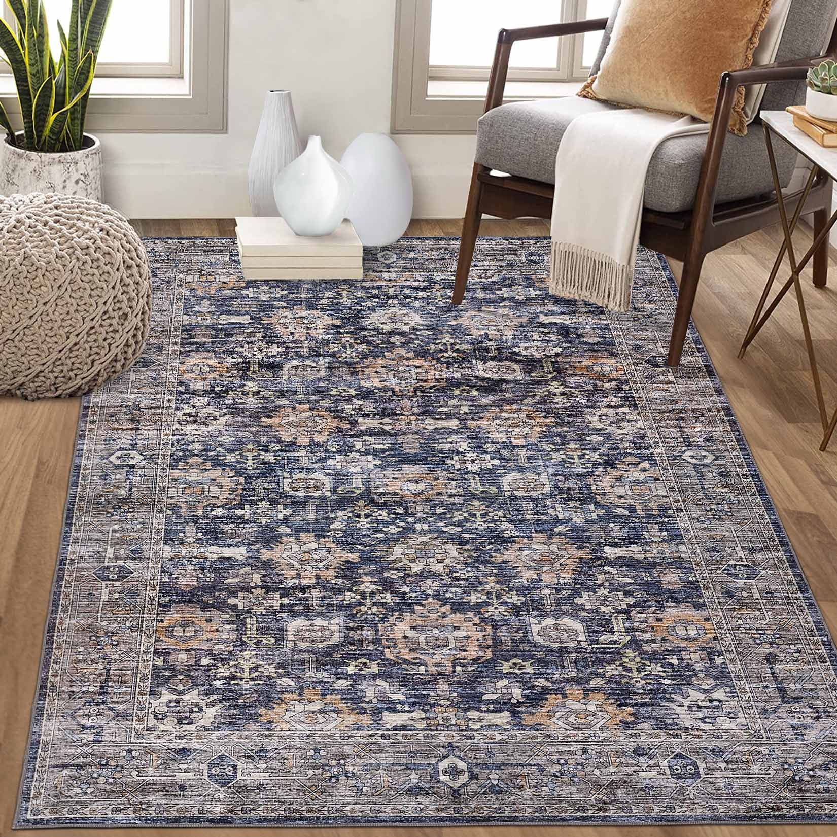 Garvee YXY-LO-PHO-162T4F8O 8 x 10 (ft) Loomed Polyester Navy Rectangular Indoor Floral/Botanical Vintage Machine washable Area rug