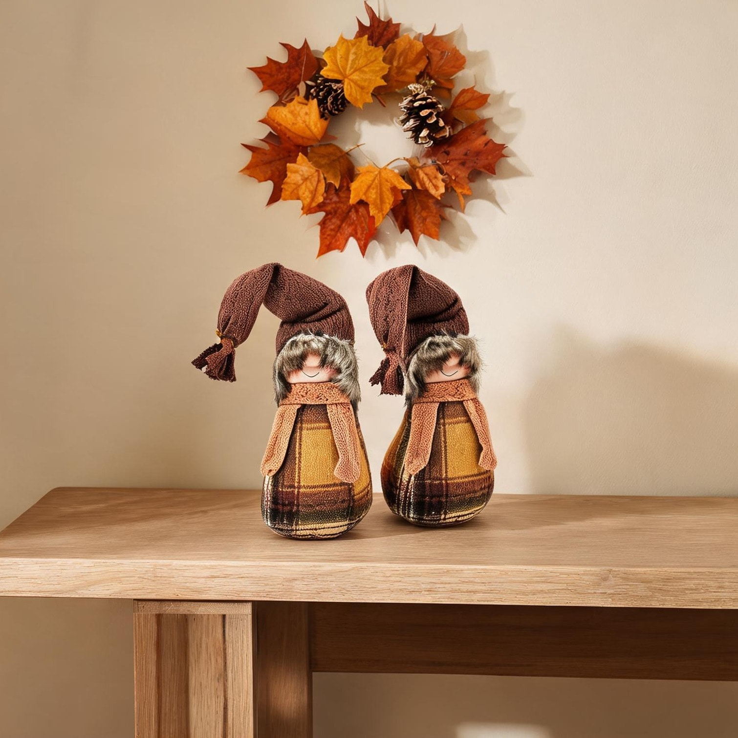 chillscreamni Plaid Fabric Gnome Duo with Tall Curling Hats Freestanding Autumn Harvest Accent