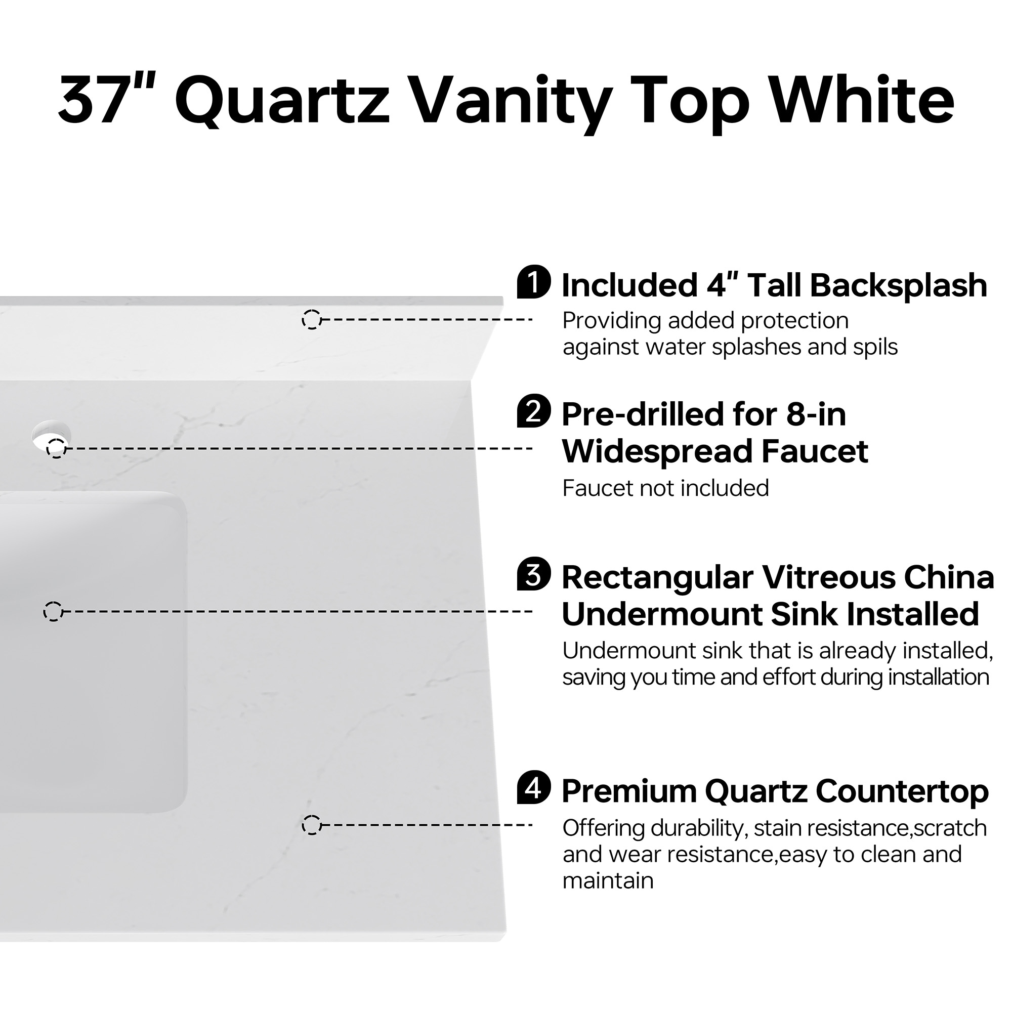 Bianco Bella 37" White Quartz Undermount Single Sink Vanity Top
