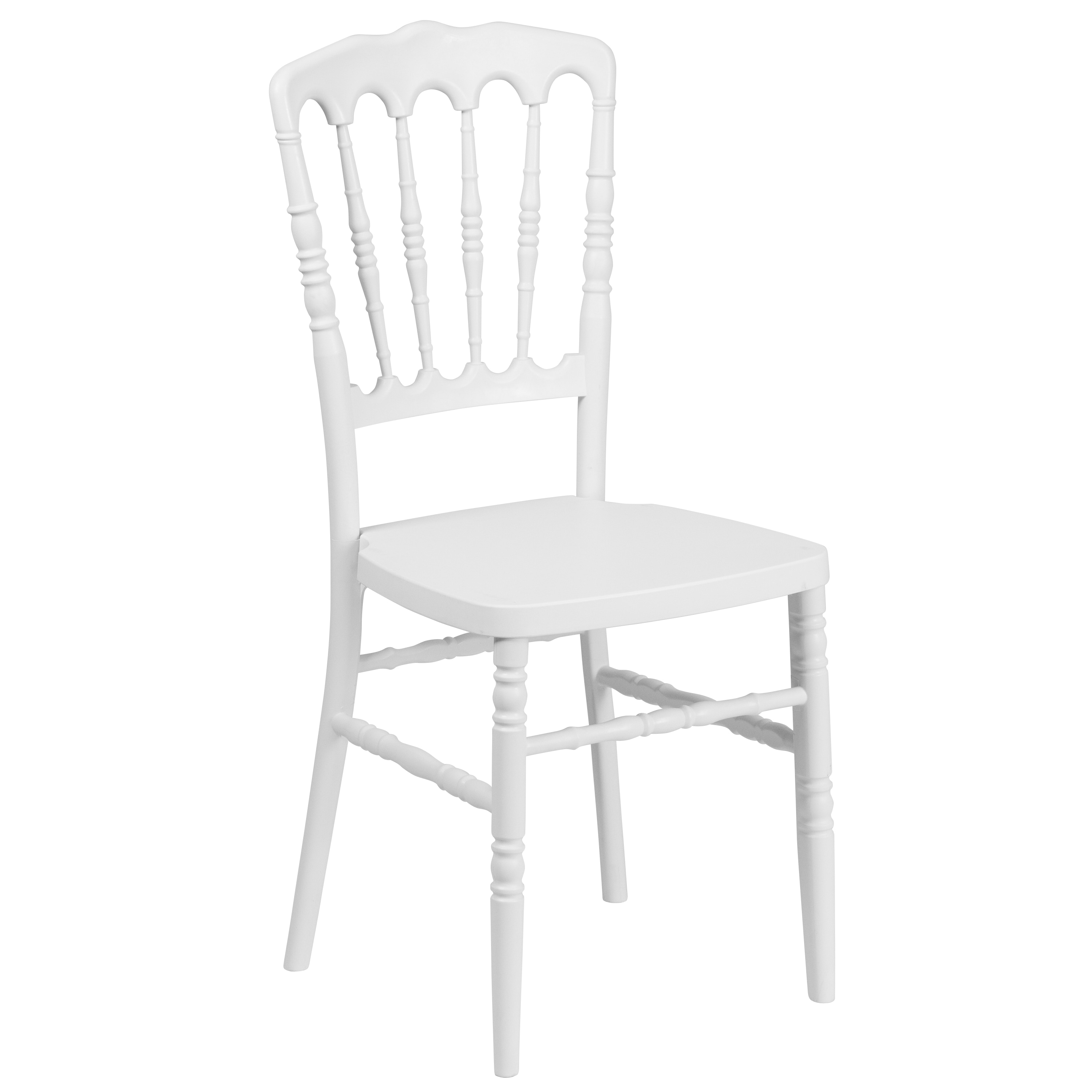 Elegant White Resin Spindle Napoleon Stacking Chair