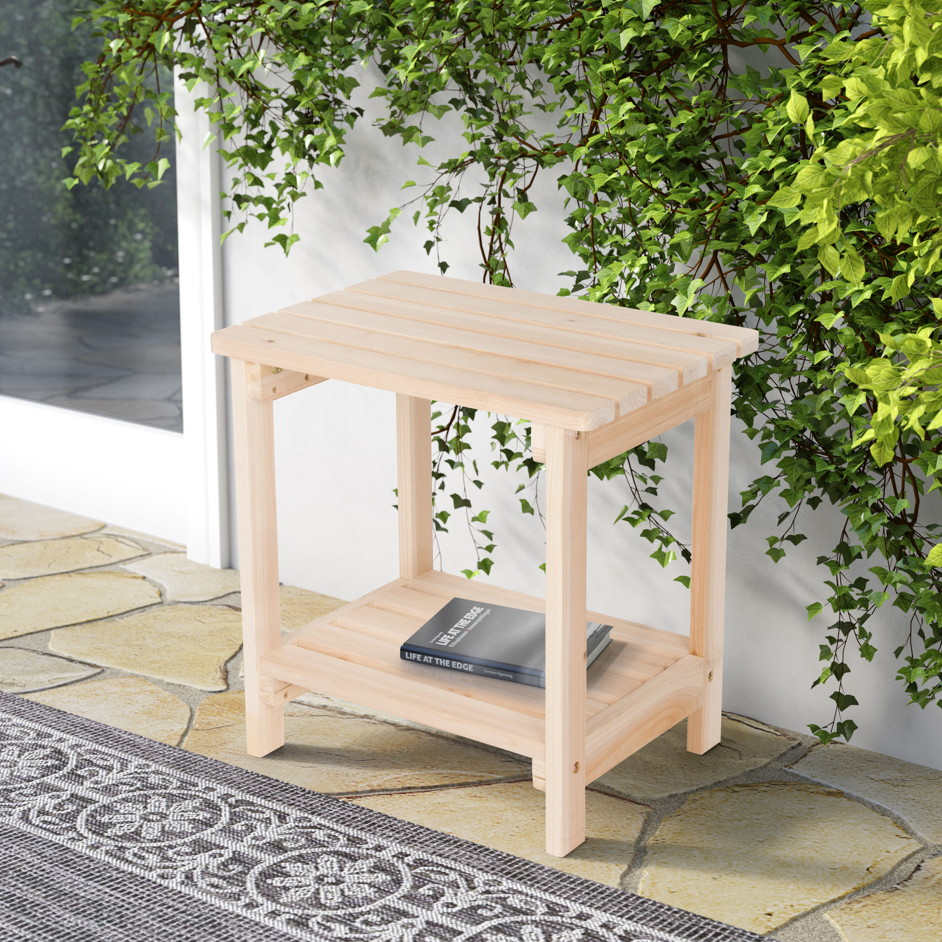 Natural Cedar Rectangular Outdoor Side Table with Shelf