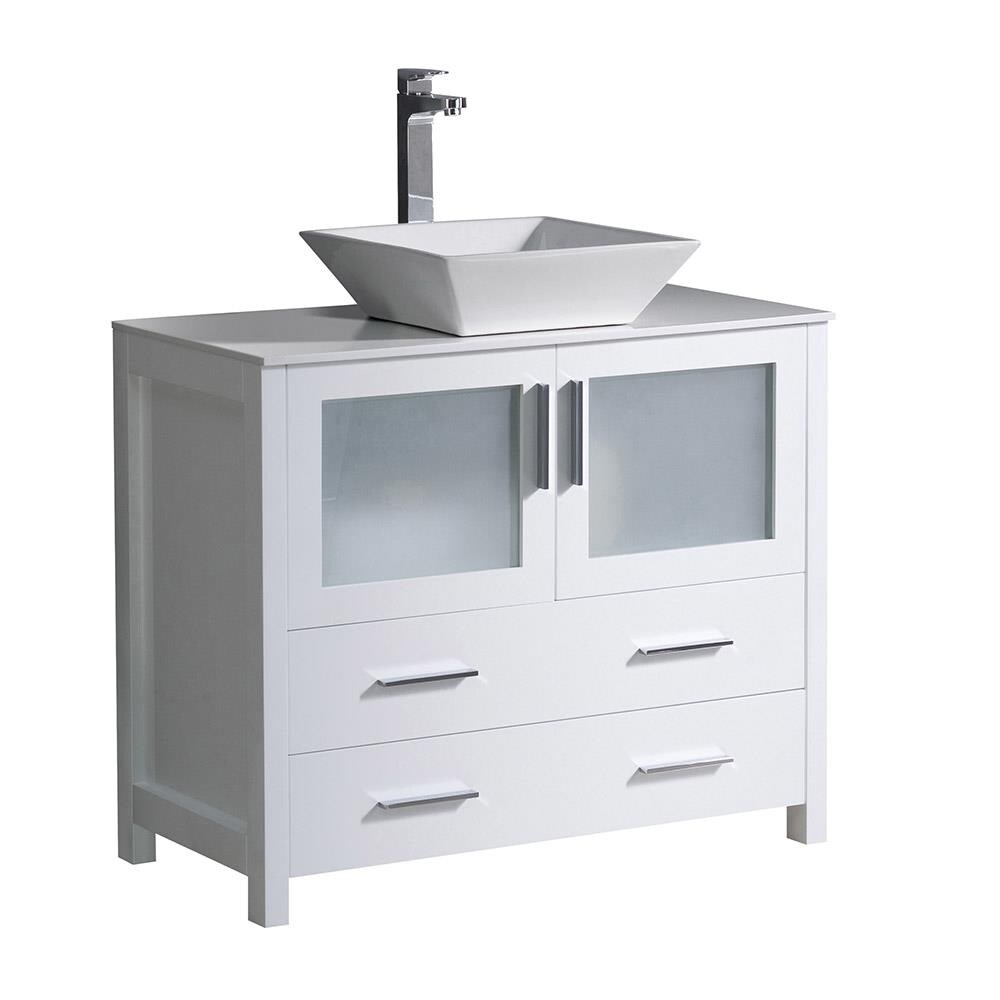 White Ceramic Top Freestanding Modern Bathroom Vanity with Vessel Sink